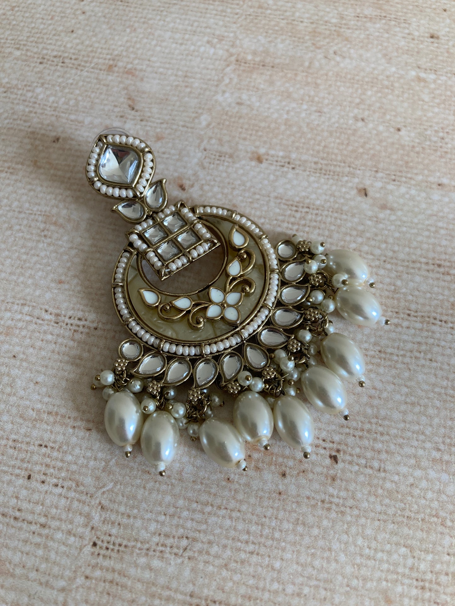 Sabeen White Antique Gold Chand Bali Indian Earrings (ST1030)
