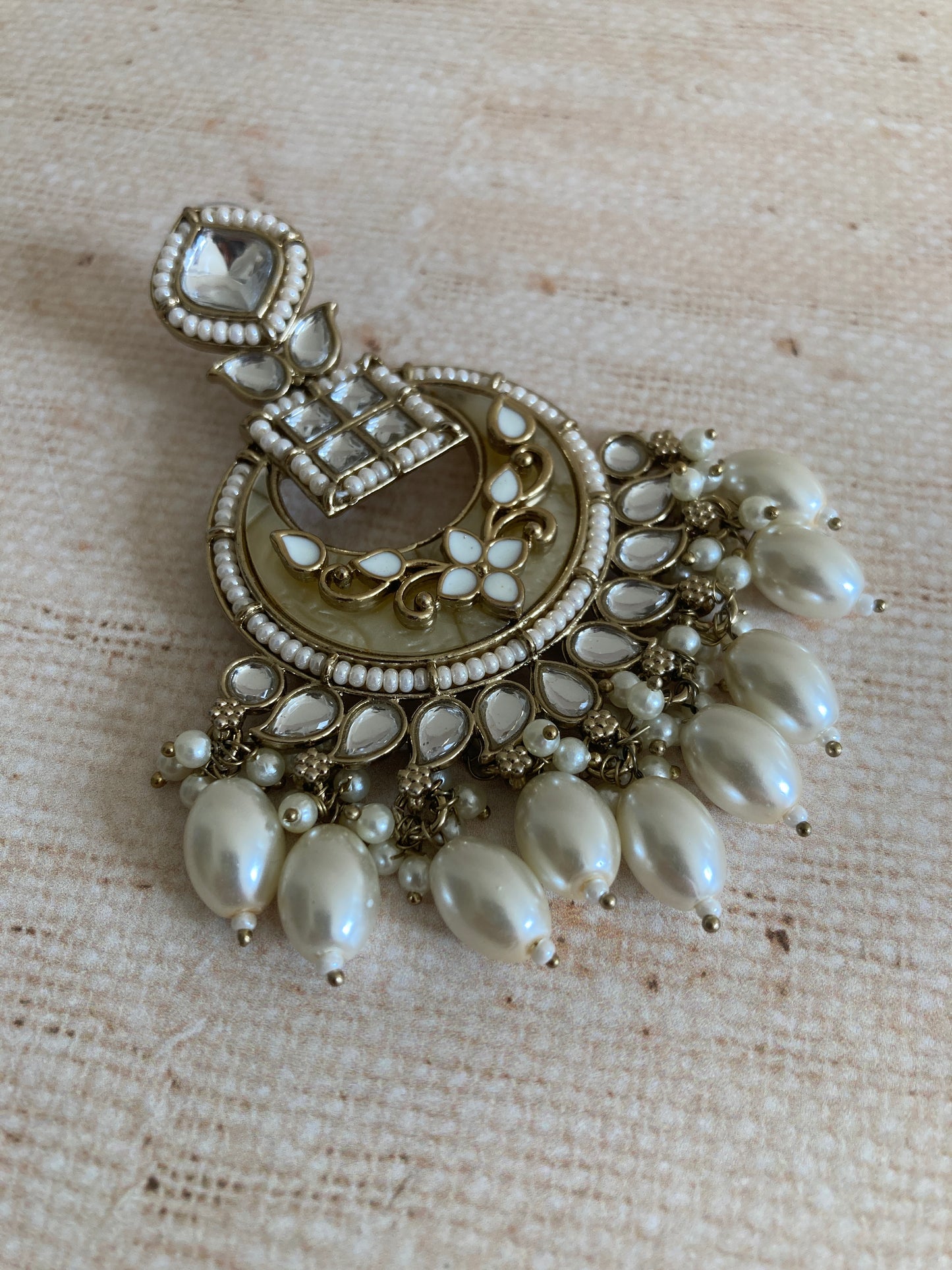 Sabeen White Antique Gold Chand Bali Indian Earrings (ST1030)