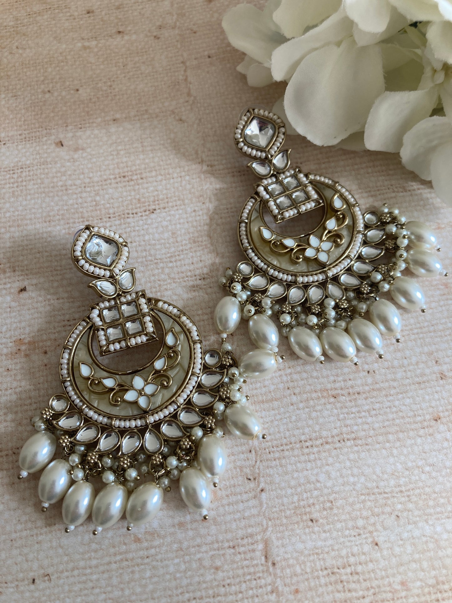 Sabeen White Antique Gold Chand Bali Indian Earrings (ST1030)