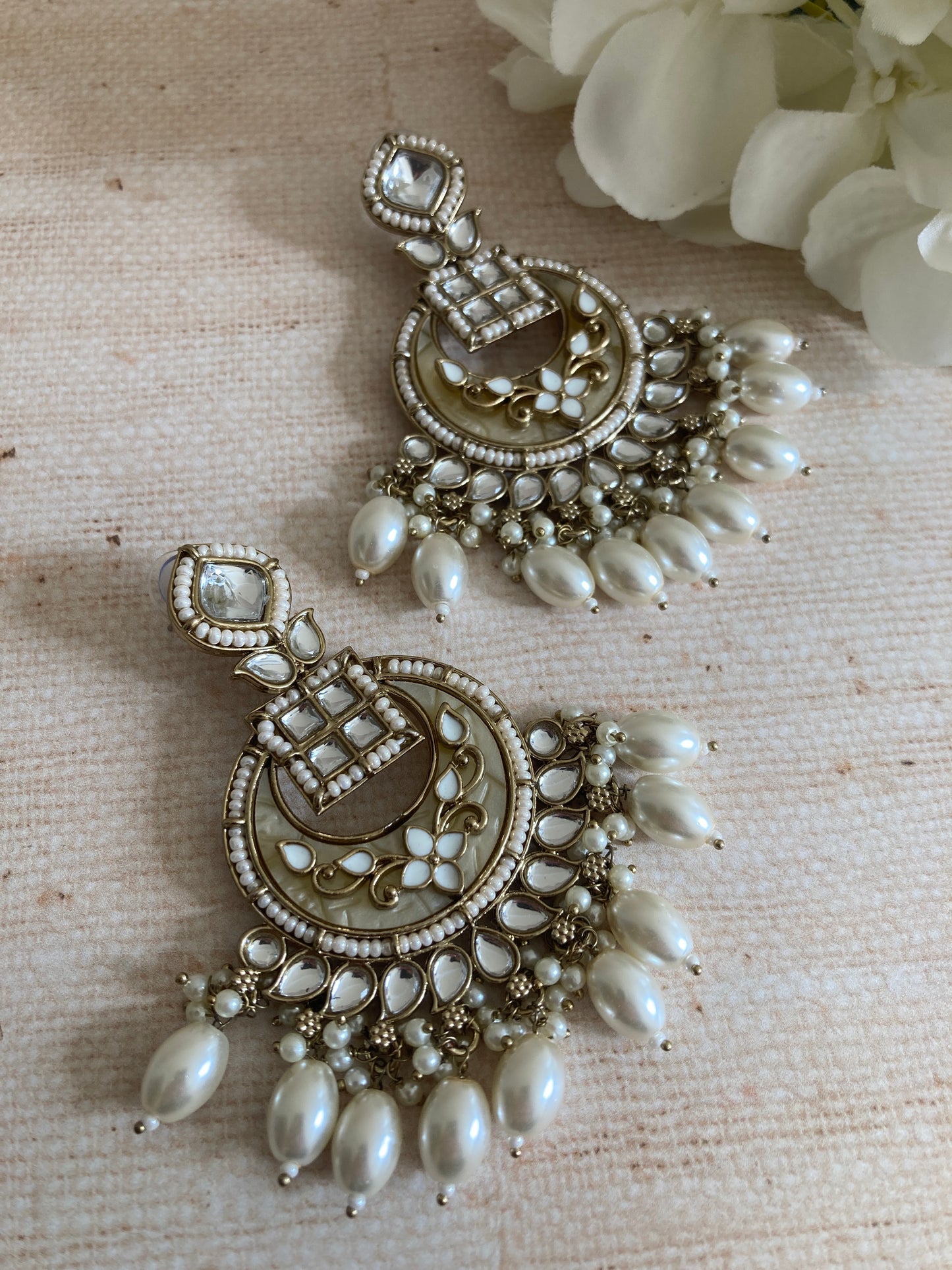 Sabeen White Antique Gold Chand Bali Indian Earrings (ST1030)