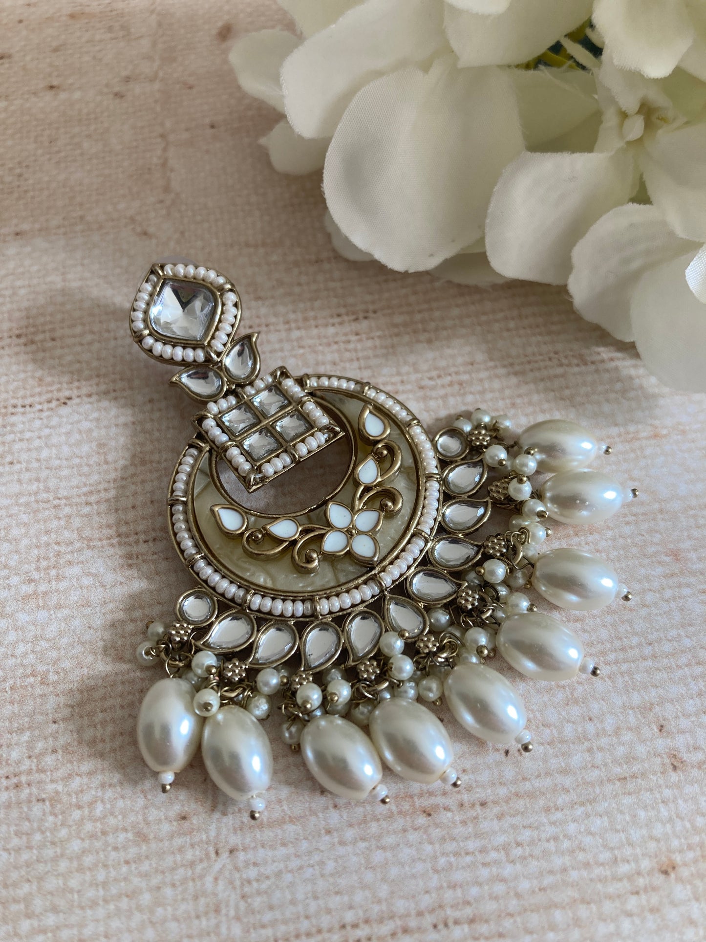 Sabeen White Antique Gold Chand Bali Indian Earrings (ST1030)