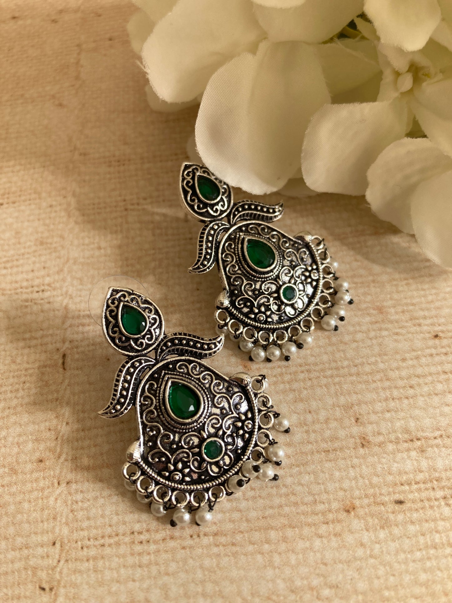 Emerald Green Stone Oxidised Indian Earrings (ST1031)
