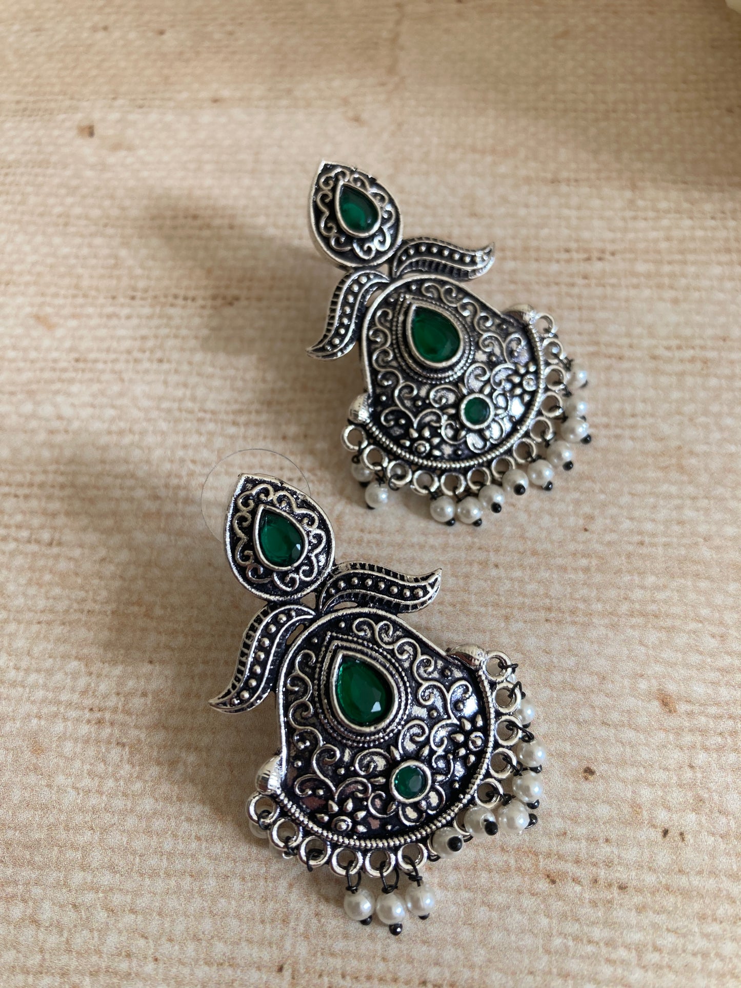 Emerald Green Stone Oxidised Indian Earrings (ST1031)