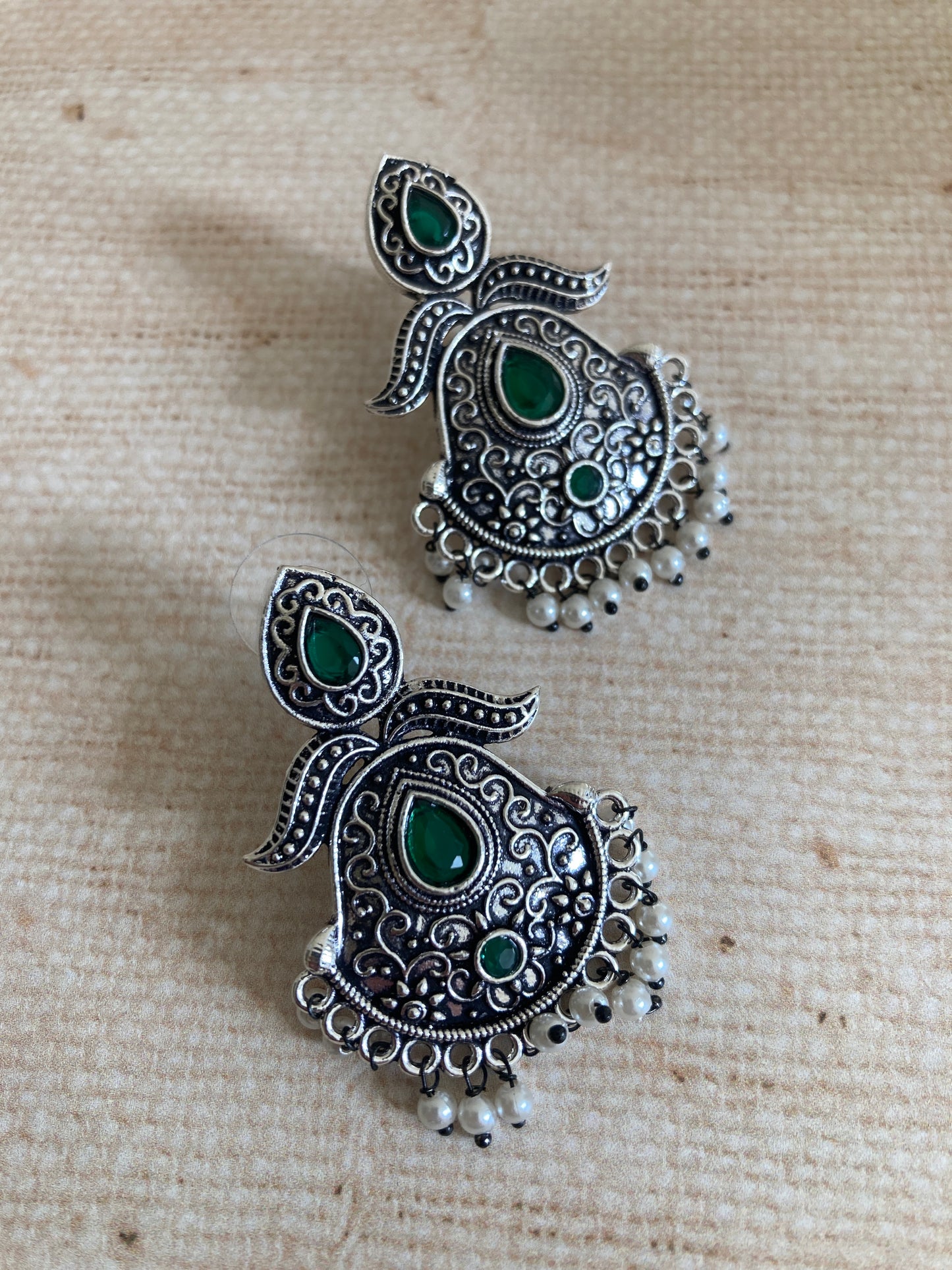 Emerald Green Stone Oxidised Indian Earrings (ST1031)