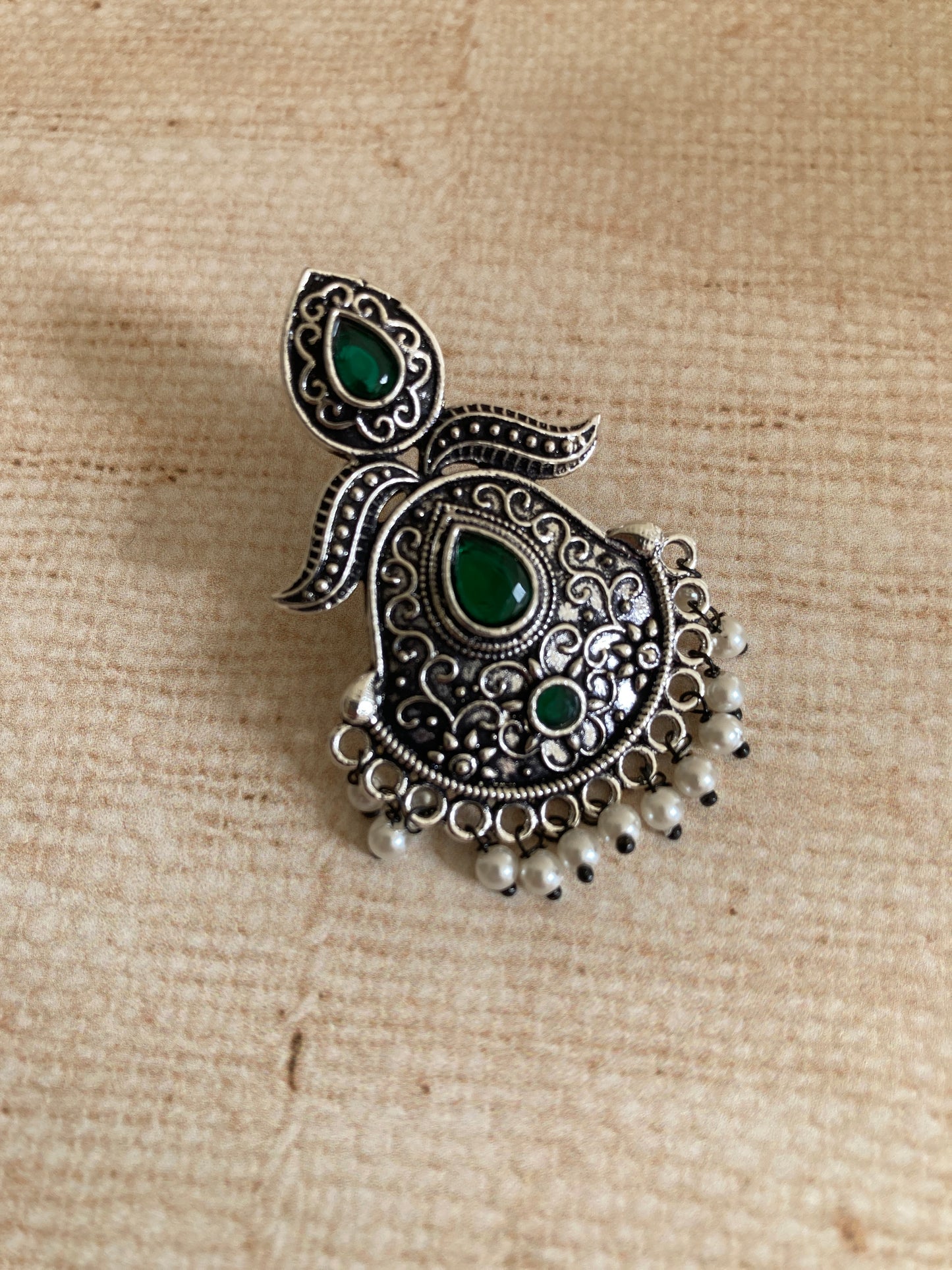 Emerald Green Stone Oxidised Indian Earrings (ST1031)