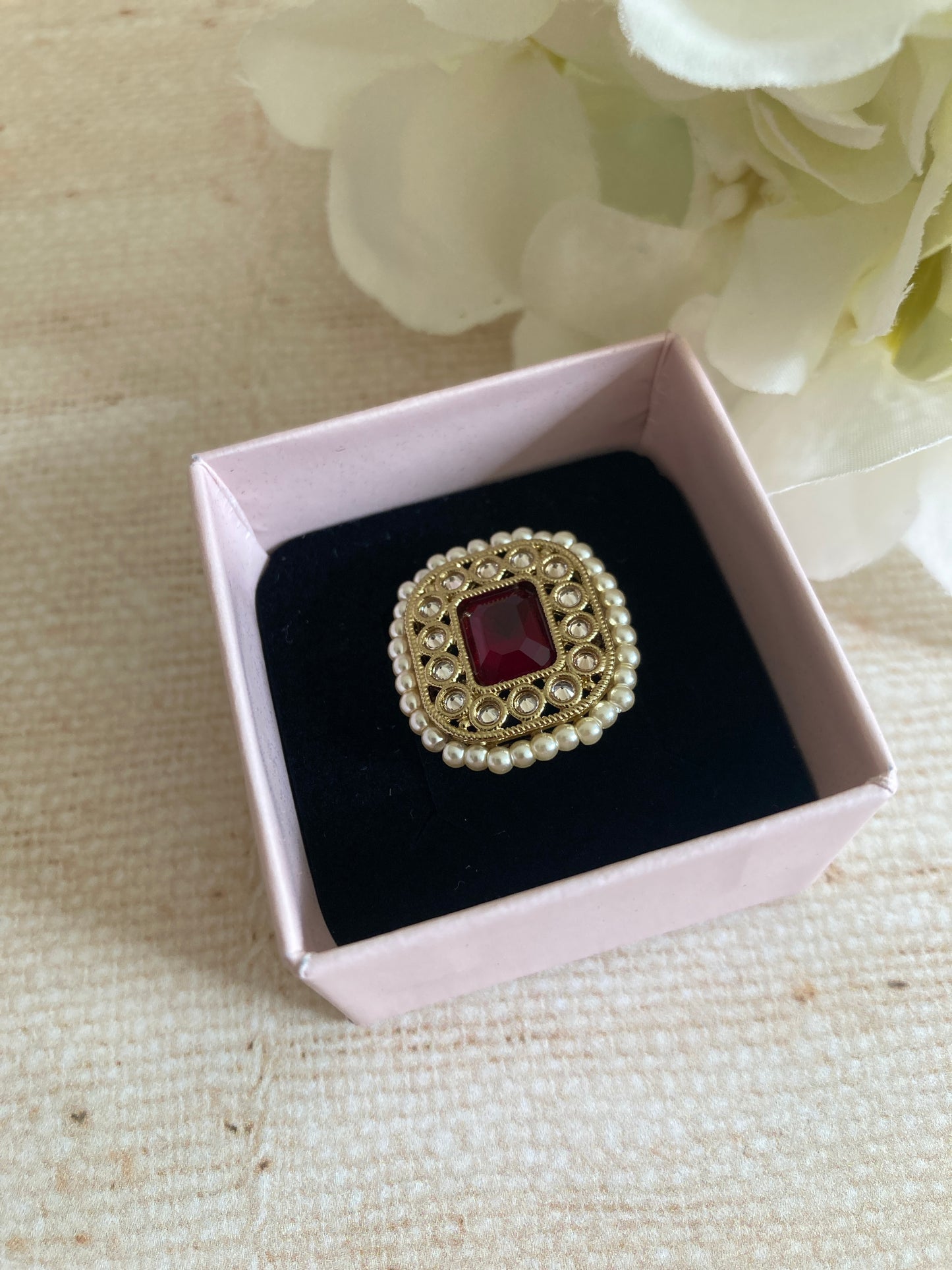 Gold Maroon Kundan Adjustable Ring (ST1036)