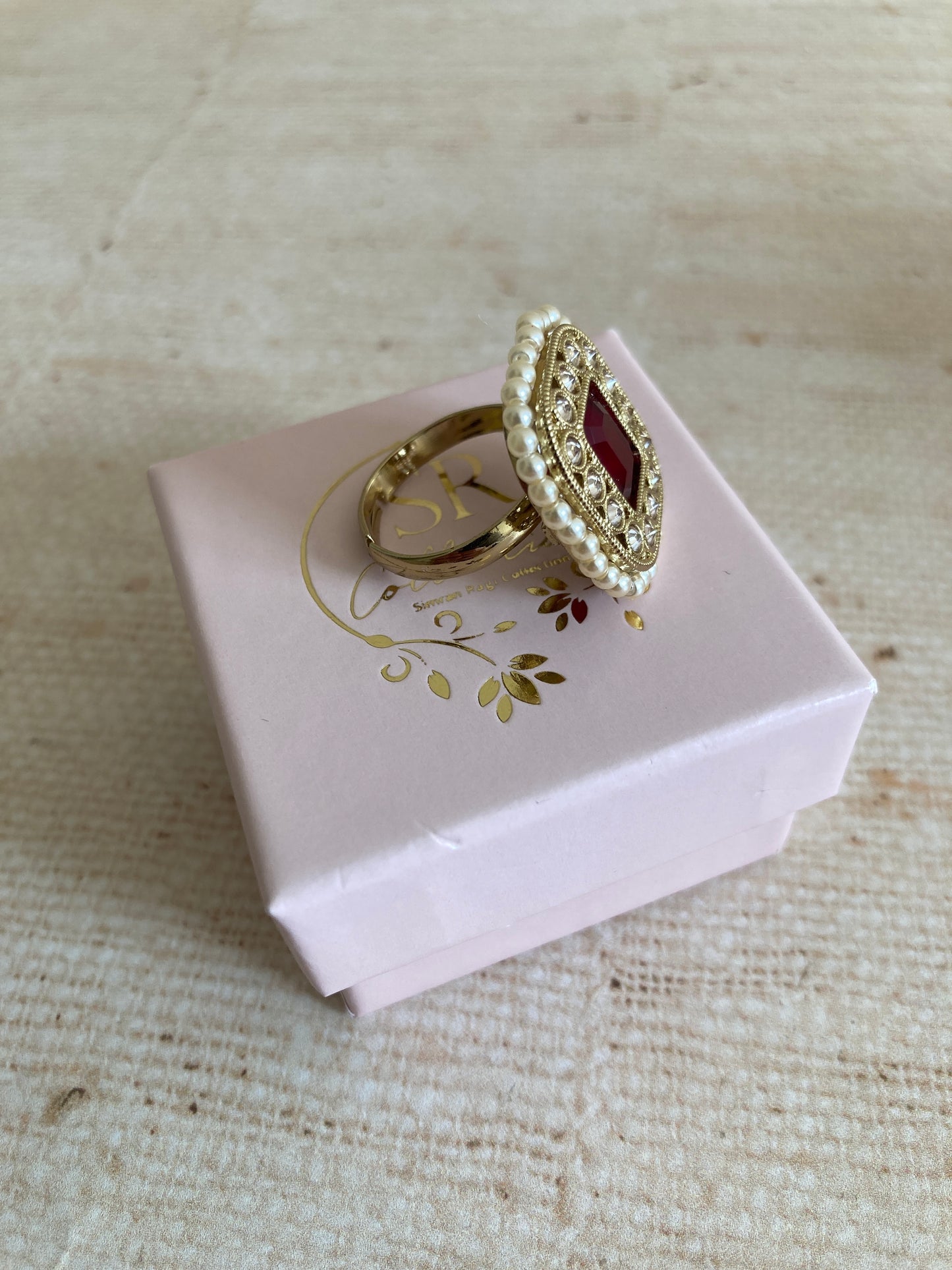 Gold Maroon Kundan Adjustable Ring (ST1036)