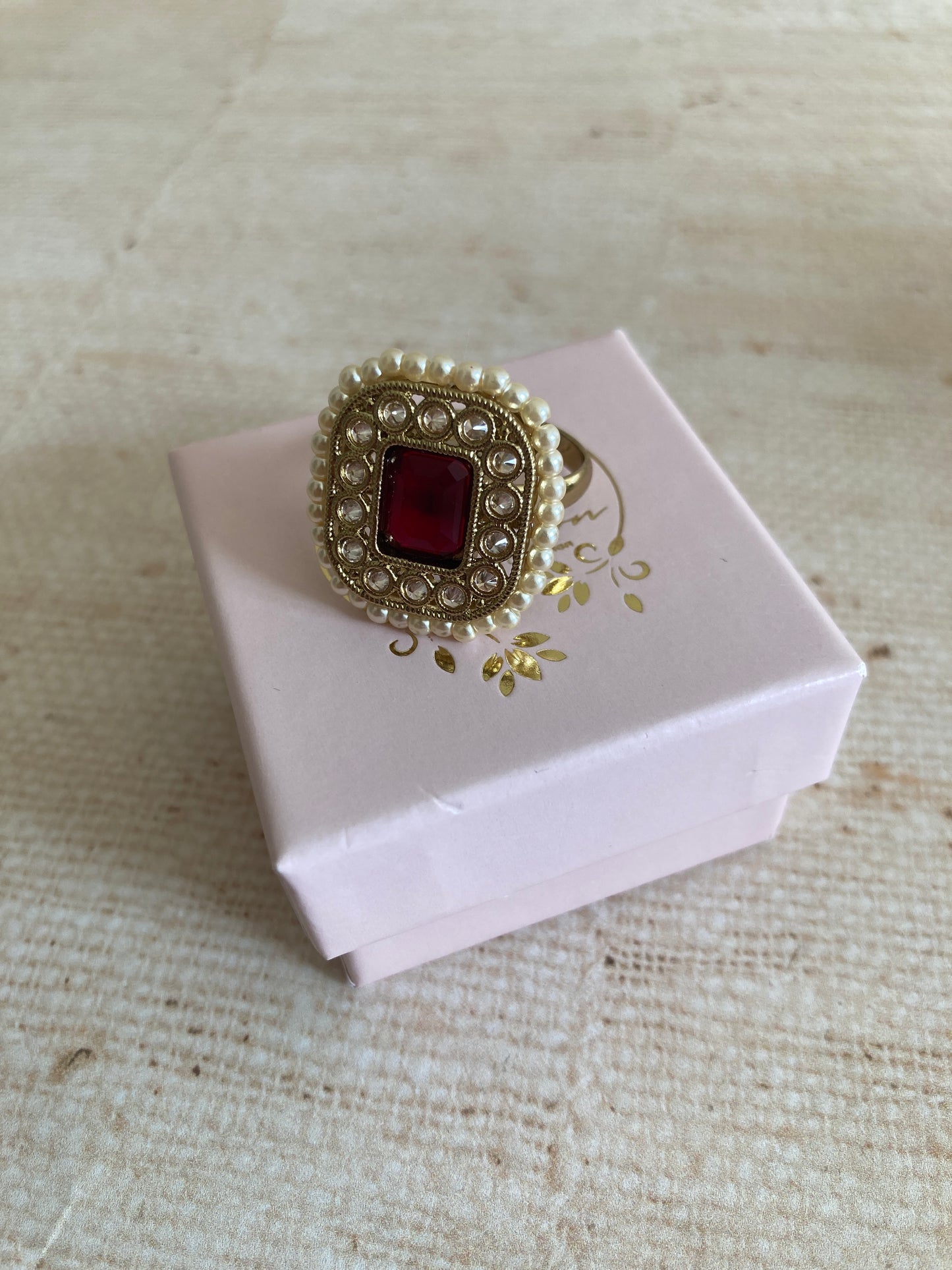 Gold Maroon Kundan Adjustable Ring (ST1036)