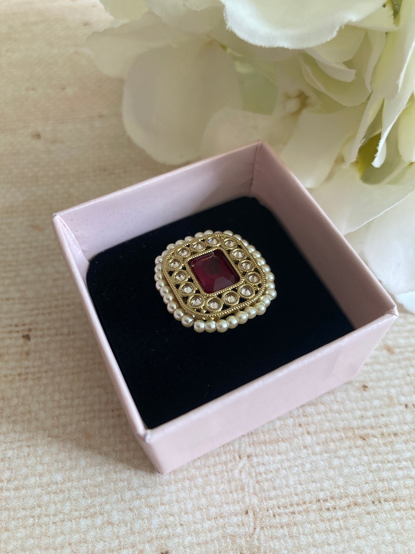 Gold Maroon Kundan Adjustable Ring (ST1036)
