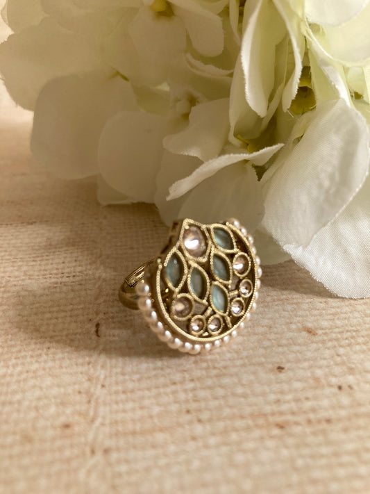 Mint Green Gold Kundan Adjustable Ring (ST1037)