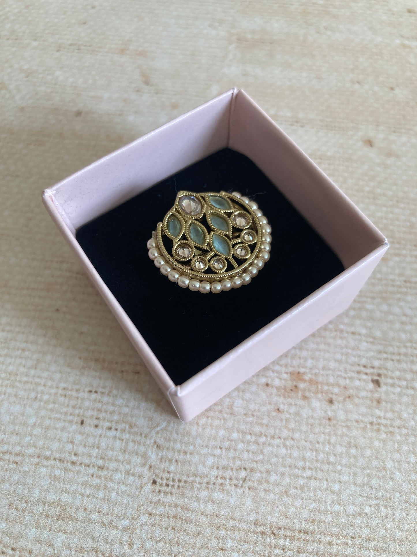 Mint Green Gold Kundan Adjustable Ring (ST1037)