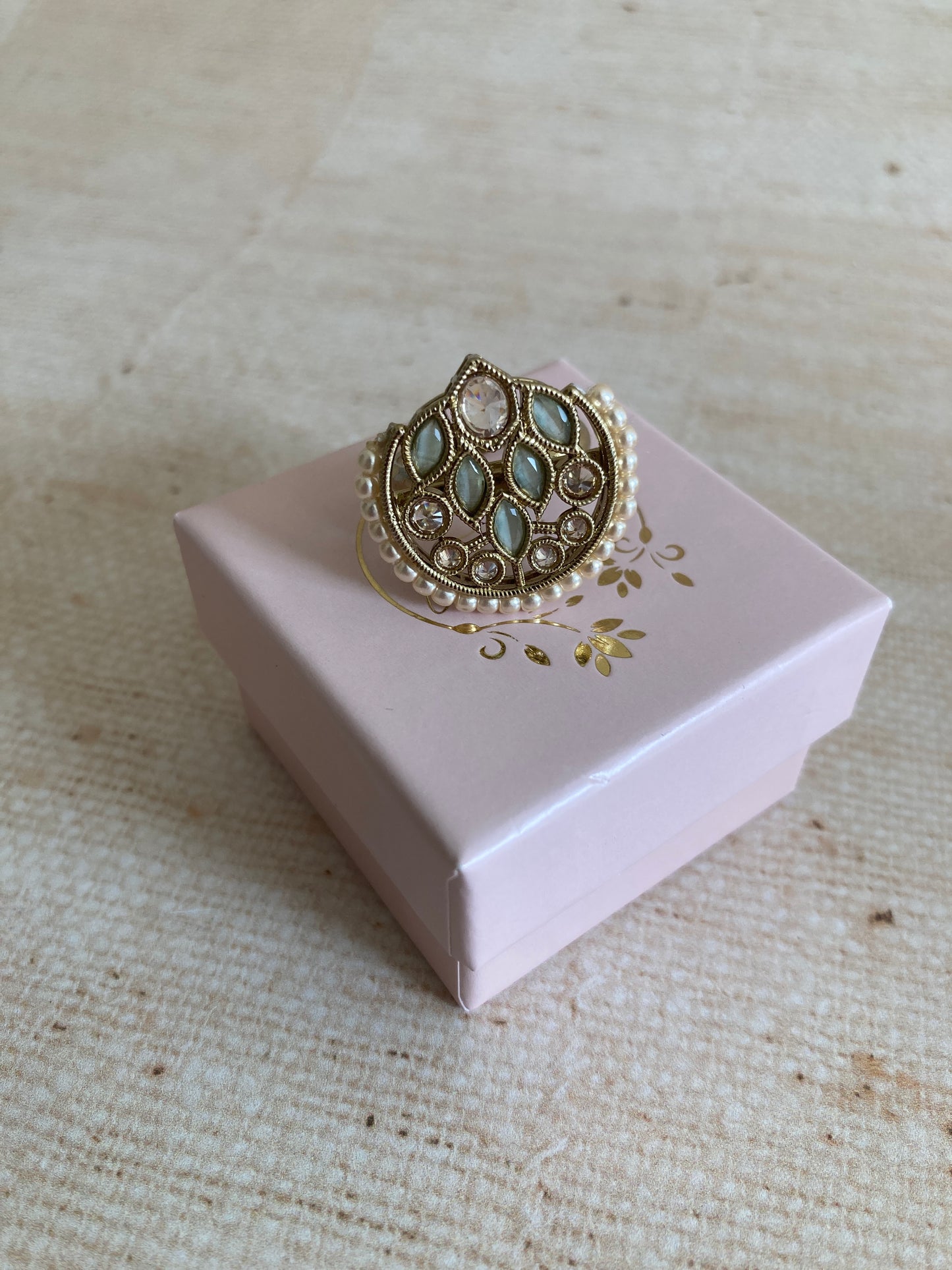 Mint Green Gold Kundan Adjustable Ring (ST1037)
