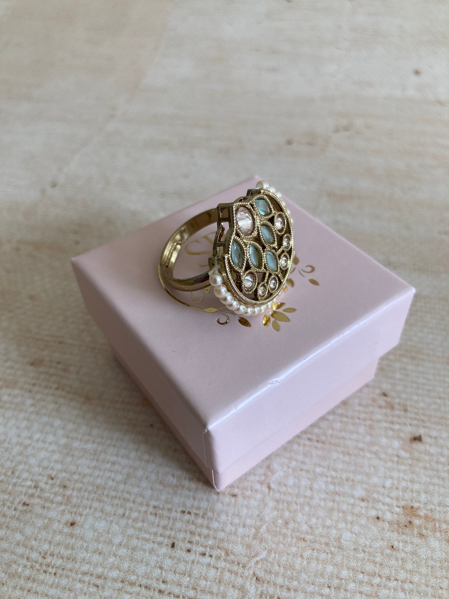 Mint Green Gold Kundan Adjustable Ring (ST1037)