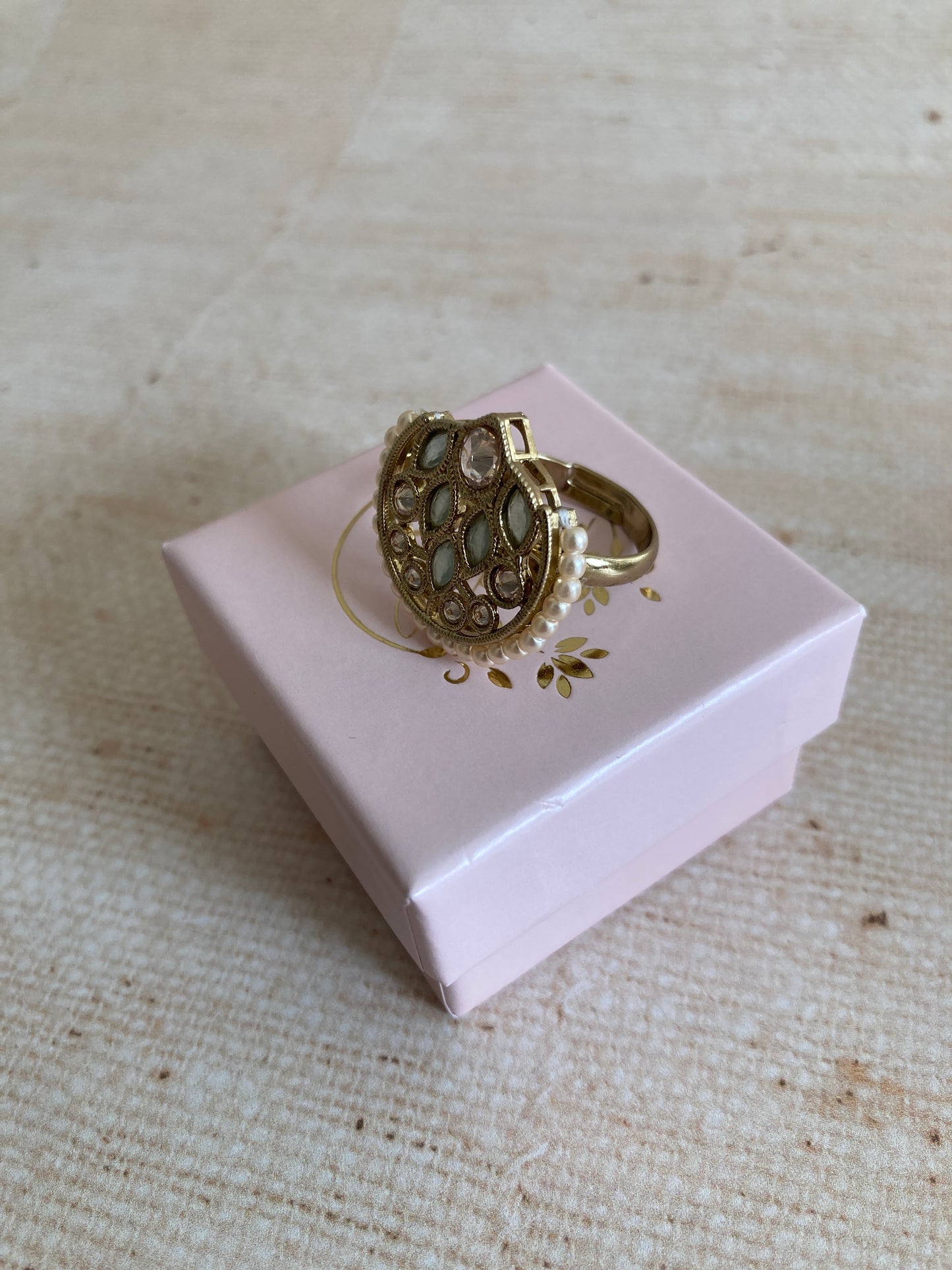 Mint Green Gold Kundan Adjustable Ring (ST1037)