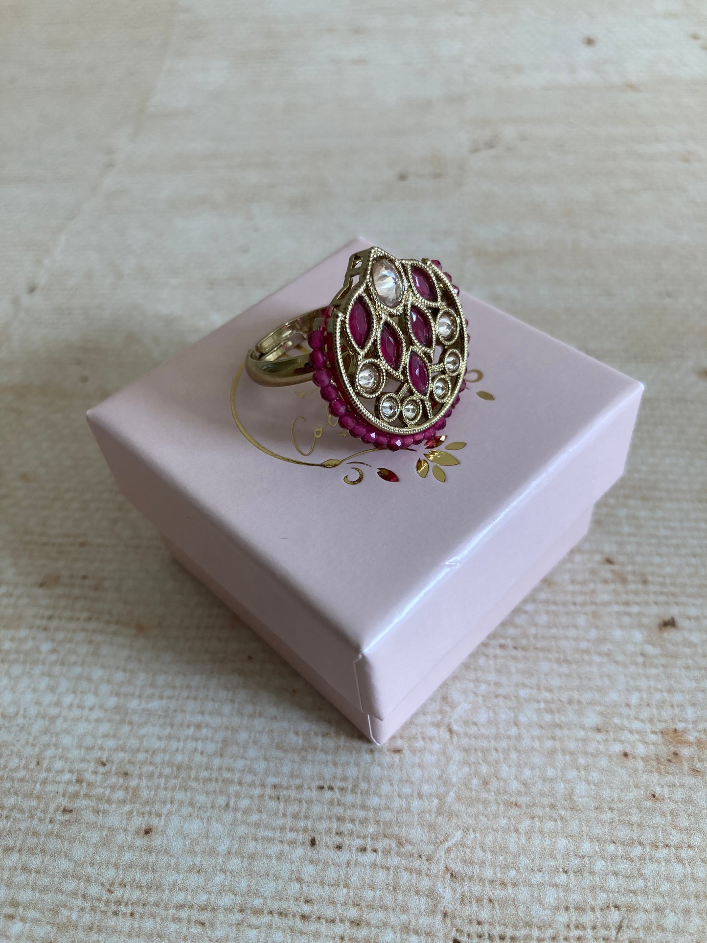 Hot Pink Gold Kundan Adjustable Ring (ST1037)