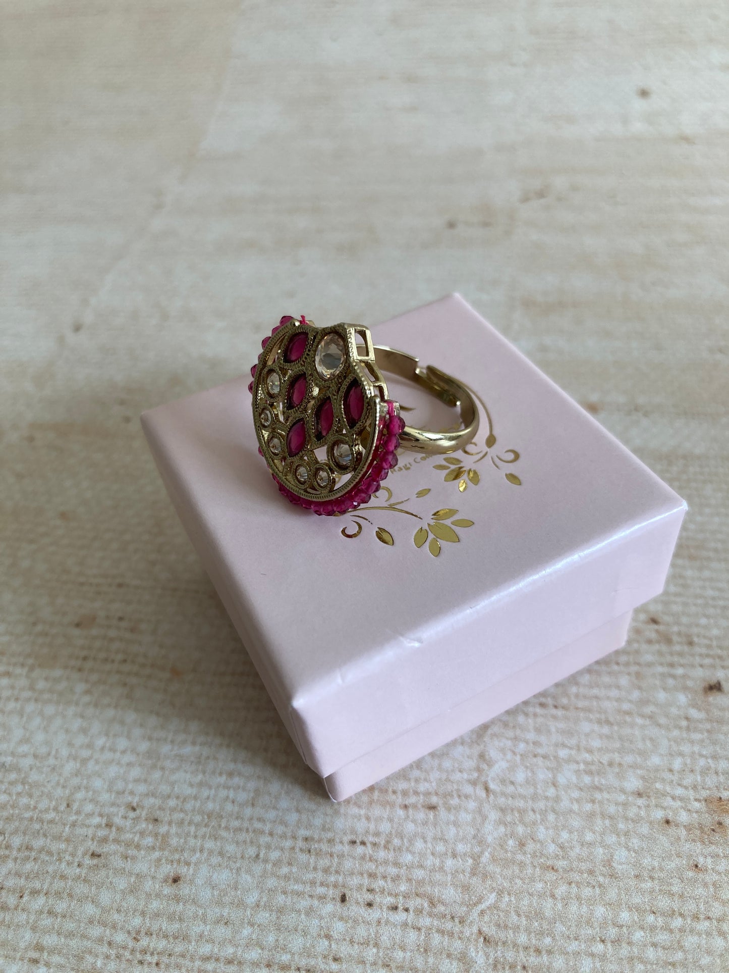 Hot Pink Gold Kundan Adjustable Ring (ST1037)