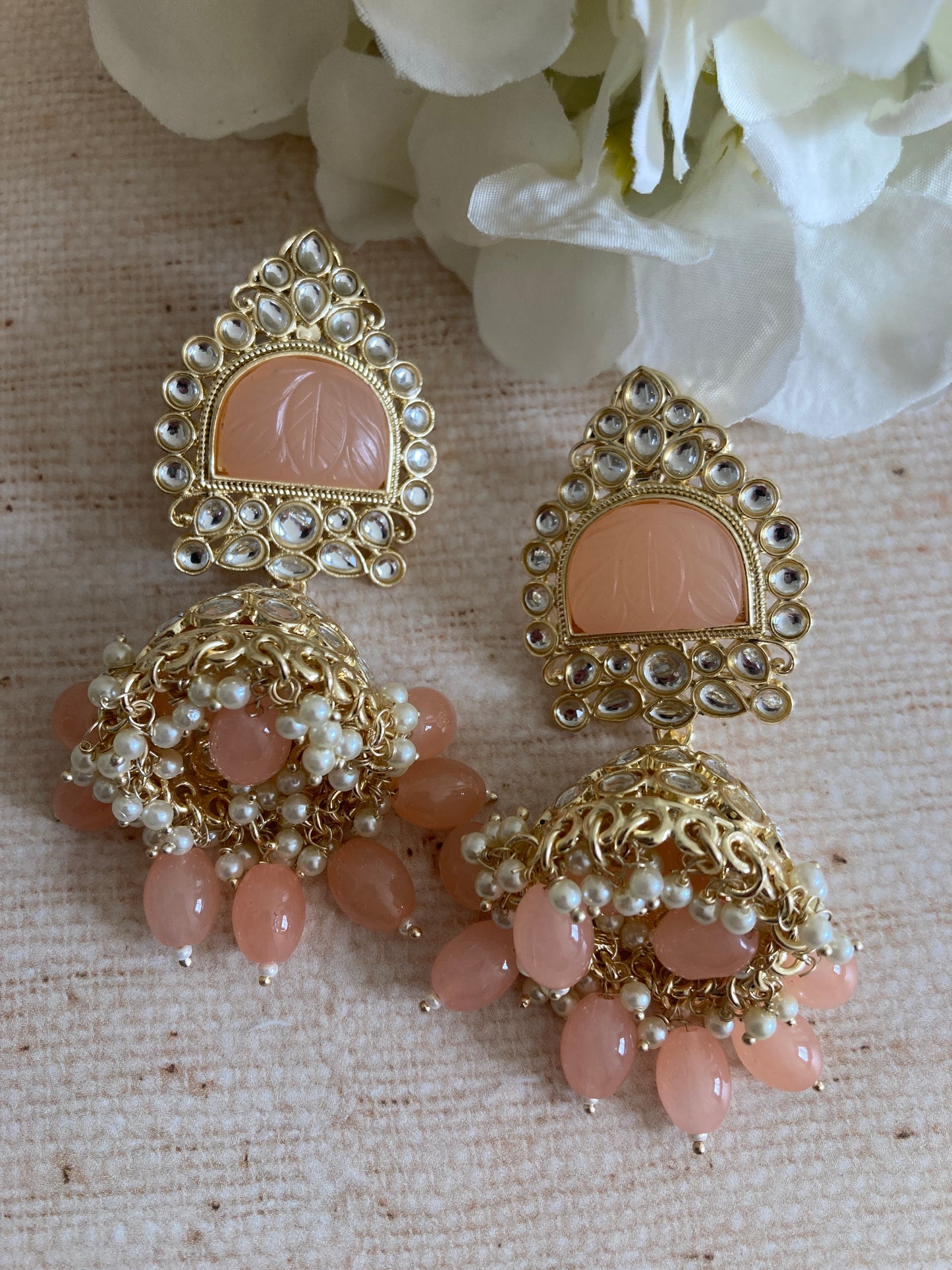 Peach Gold Kundan Jhumki Indian Earrings (ST1034)