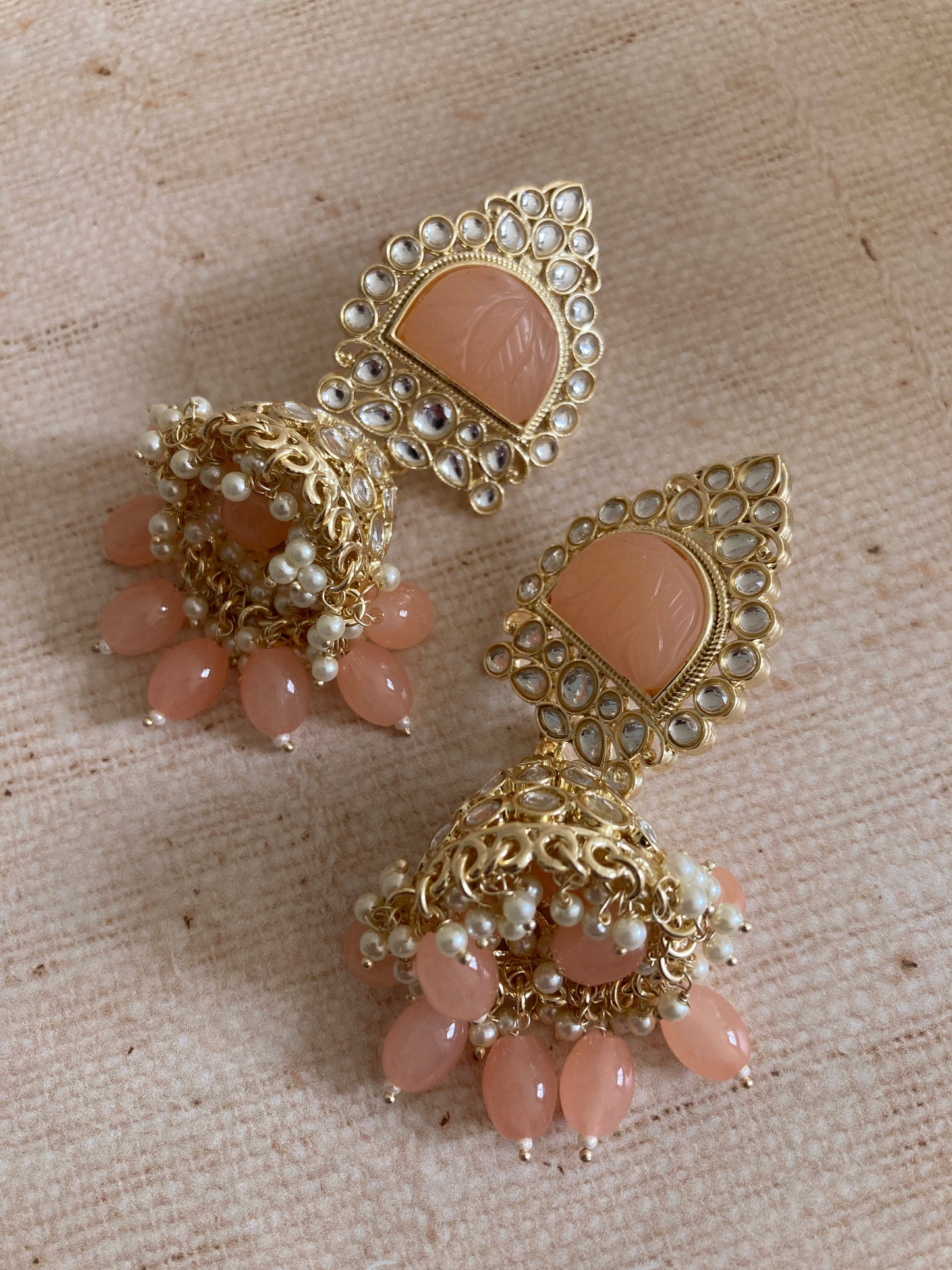 Peach Gold Kundan Jhumki Indian Earrings (ST1034)