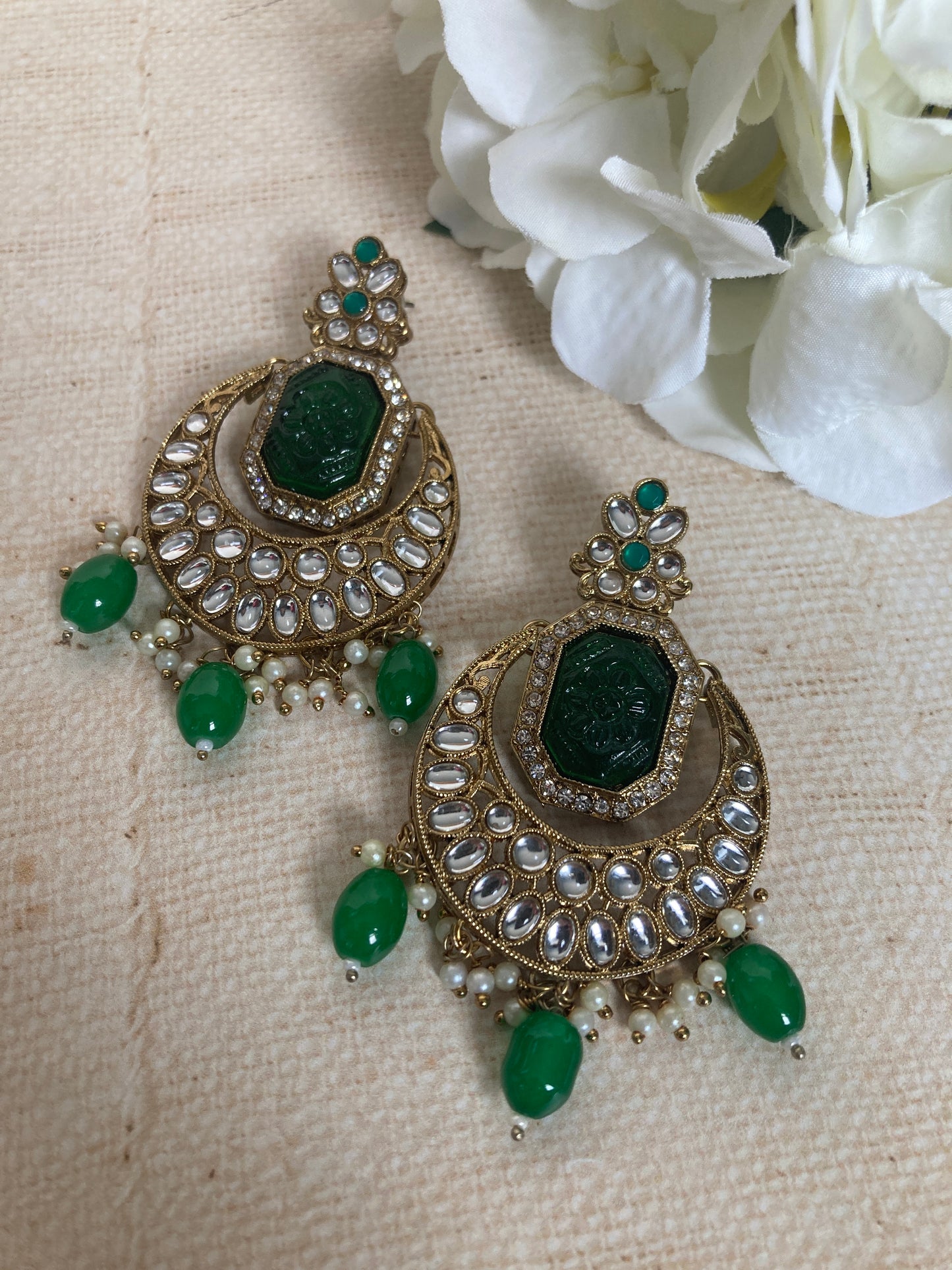 Nazma Gold Plated Kundan Chandbali Earrings And Tikka Set (ST1050) (Emerald Green)