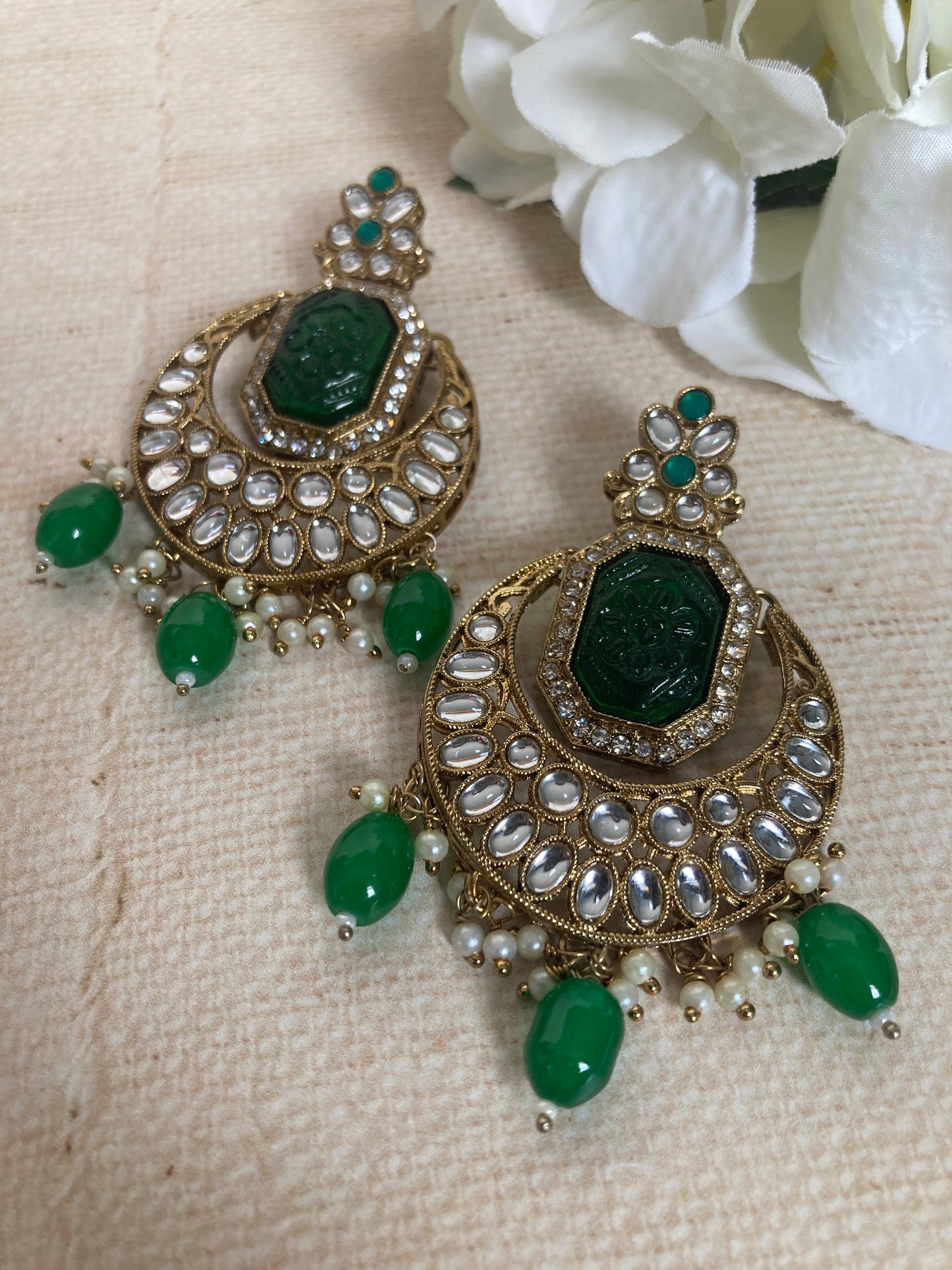 Nazma Gold Plated Kundan Chandbali Earrings And Tikka Set (ST1050) (Emerald Green)