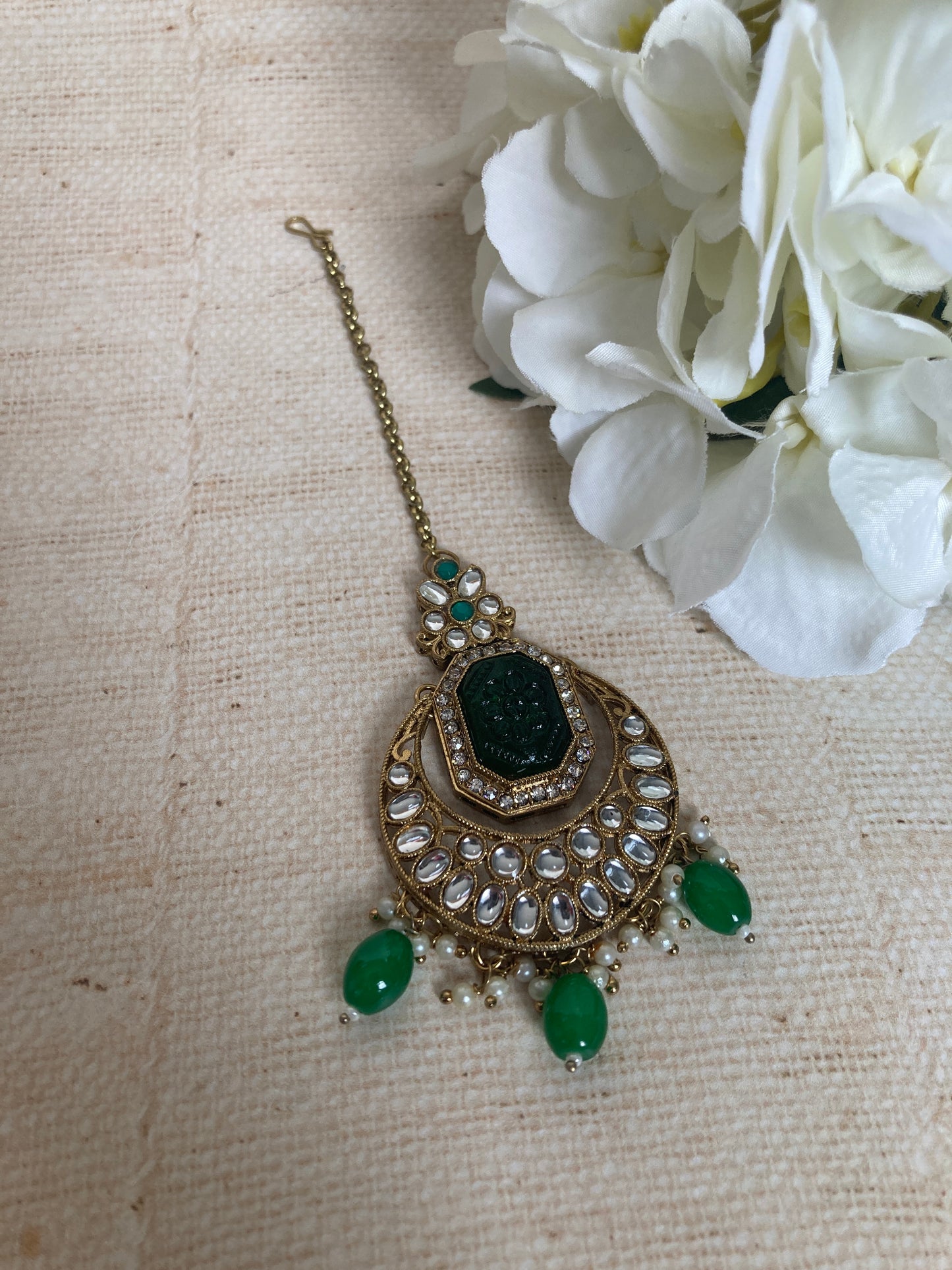 Nazma Gold Plated Kundan Chandbali Earrings And Tikka Set (ST1050) (Emerald Green)