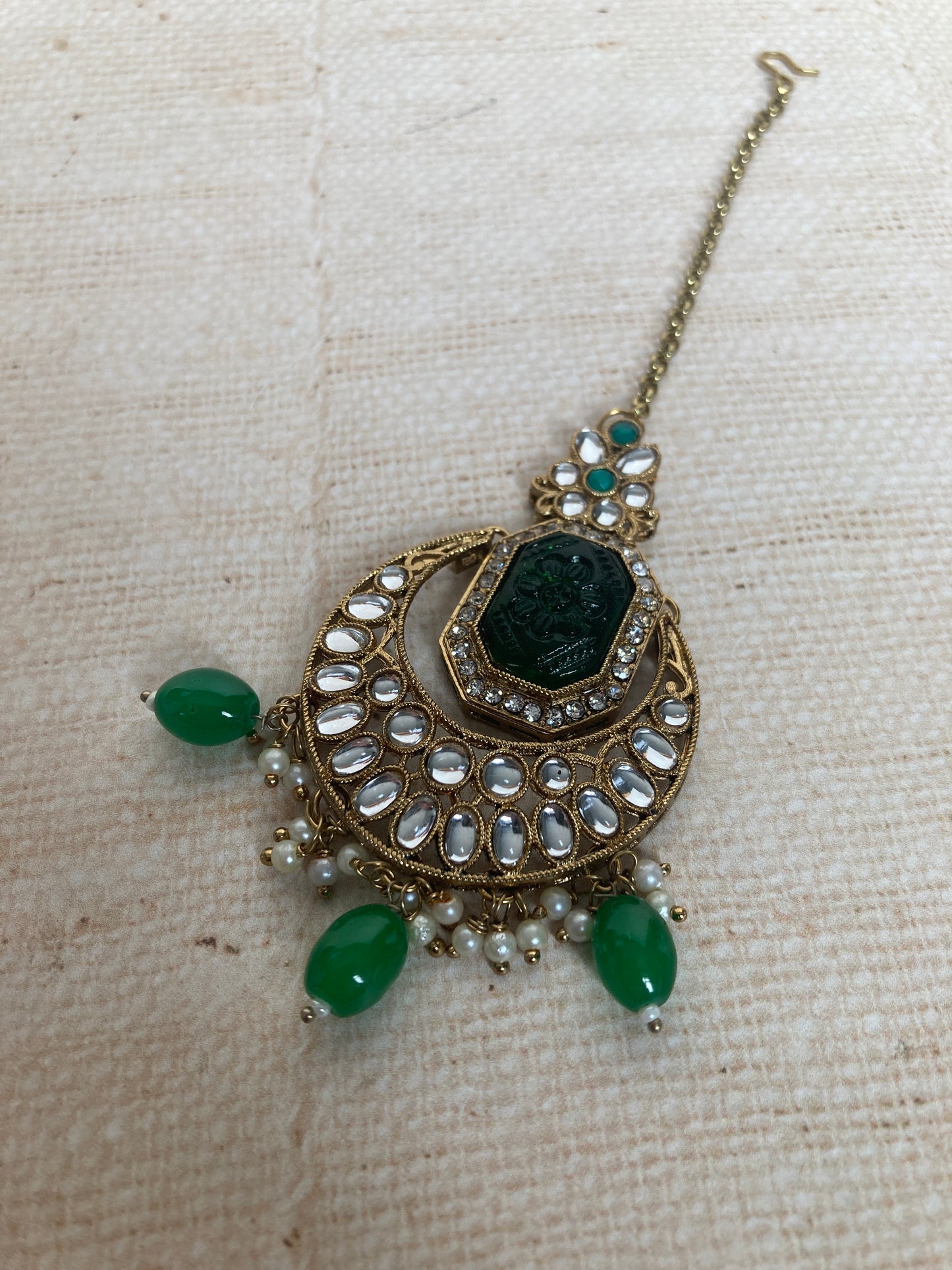 Nazma Gold Plated Kundan Chandbali Earrings And Tikka Set (ST1050) (Emerald Green)