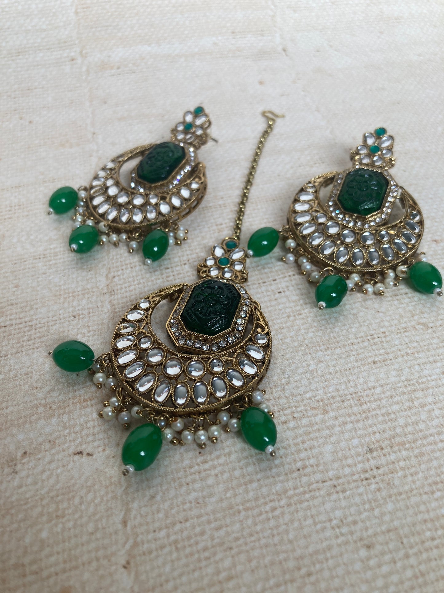 Nazma Gold Plated Kundan Chandbali Earrings And Tikka Set (ST1050) (Emerald Green)