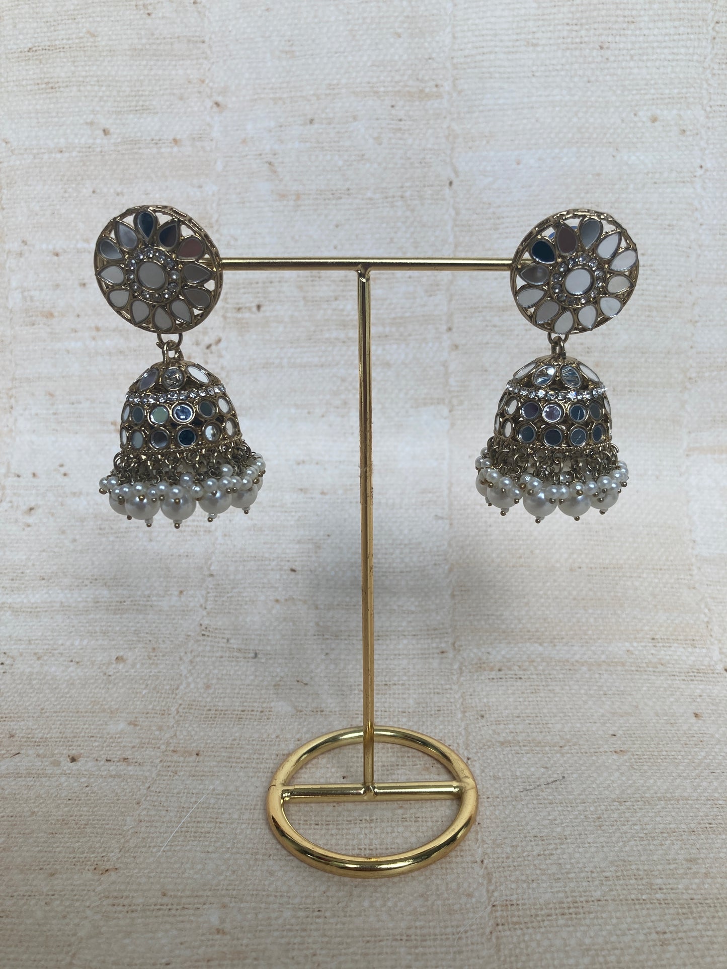 Gold Plated Mirror Jhumki Earrings With Detachable Kaanchain (ST1051)