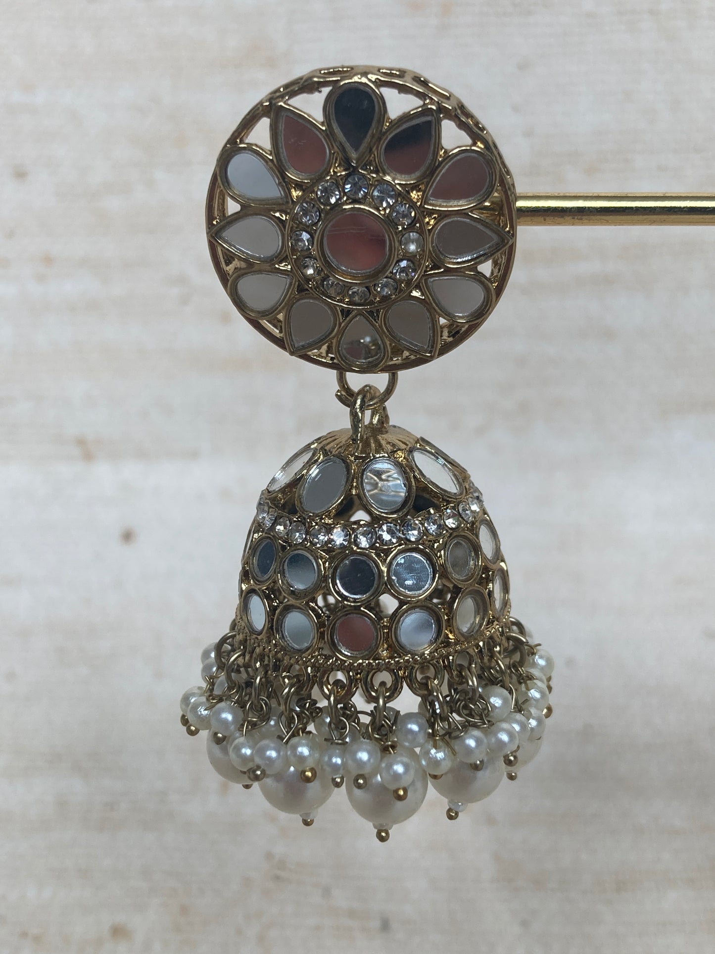 Gold Plated Mirror Jhumki Earrings With Detachable Kaanchain (ST1051)