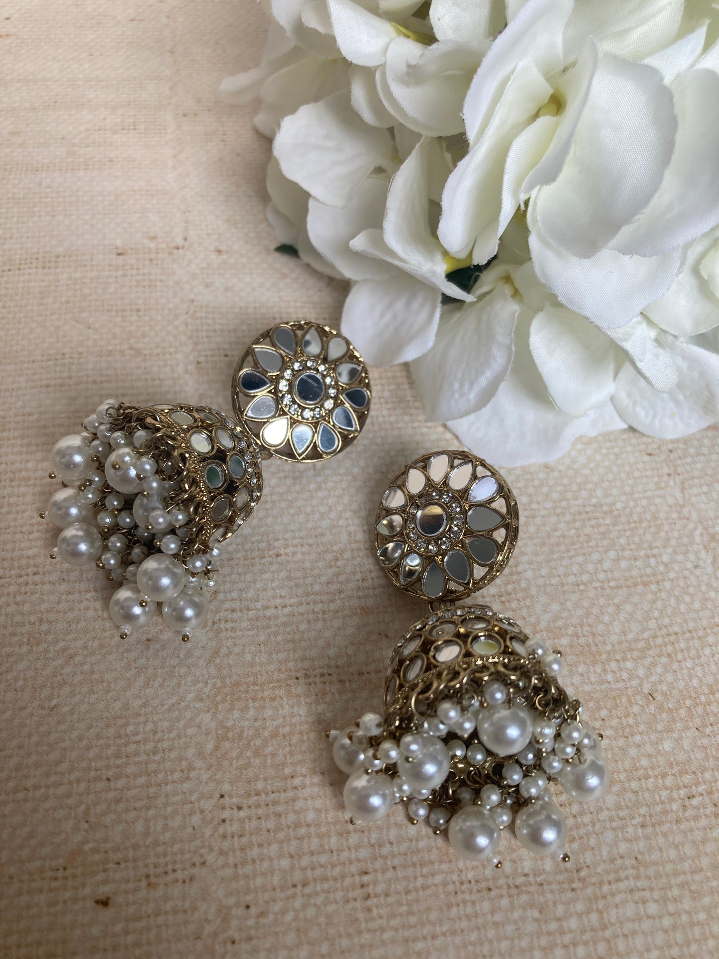 Gold Plated Mirror Jhumki Earrings With Detachable Kaanchain (ST1051)