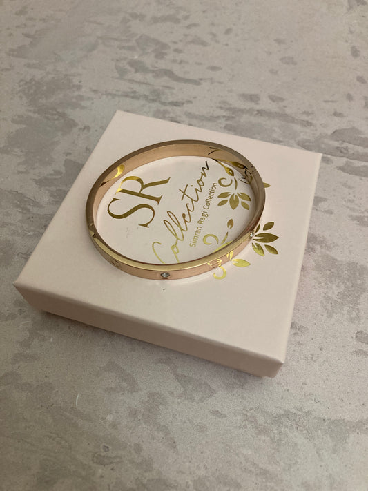 Stainless Steel Engraved Rose Gold Zirconia Bangle (ST821)