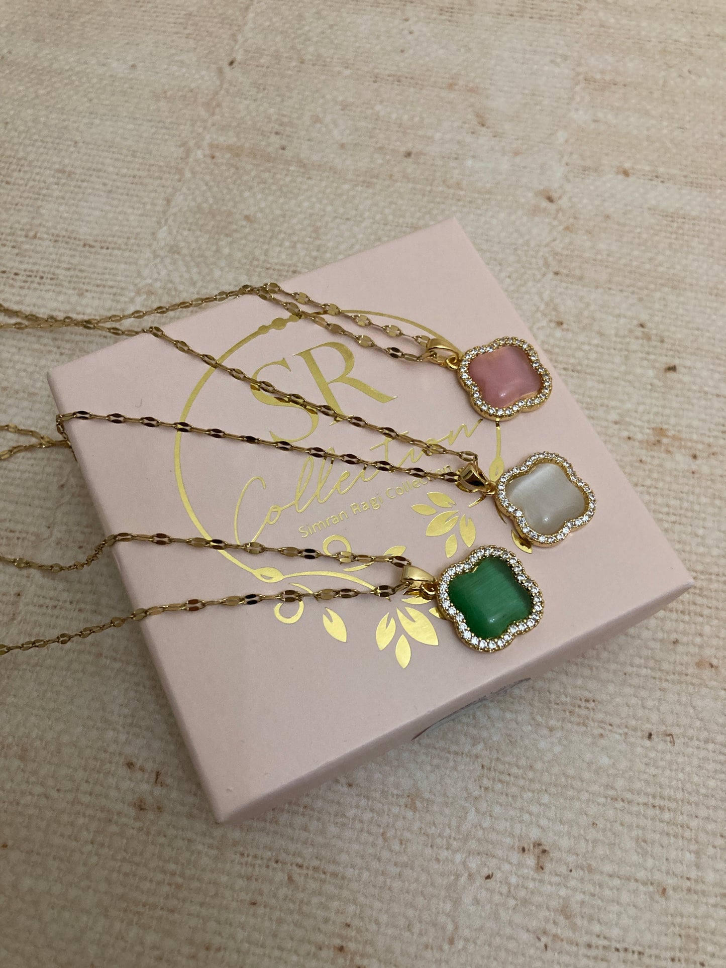 Pink Cubic Zirconia Studded Clover Necklace (ST834)