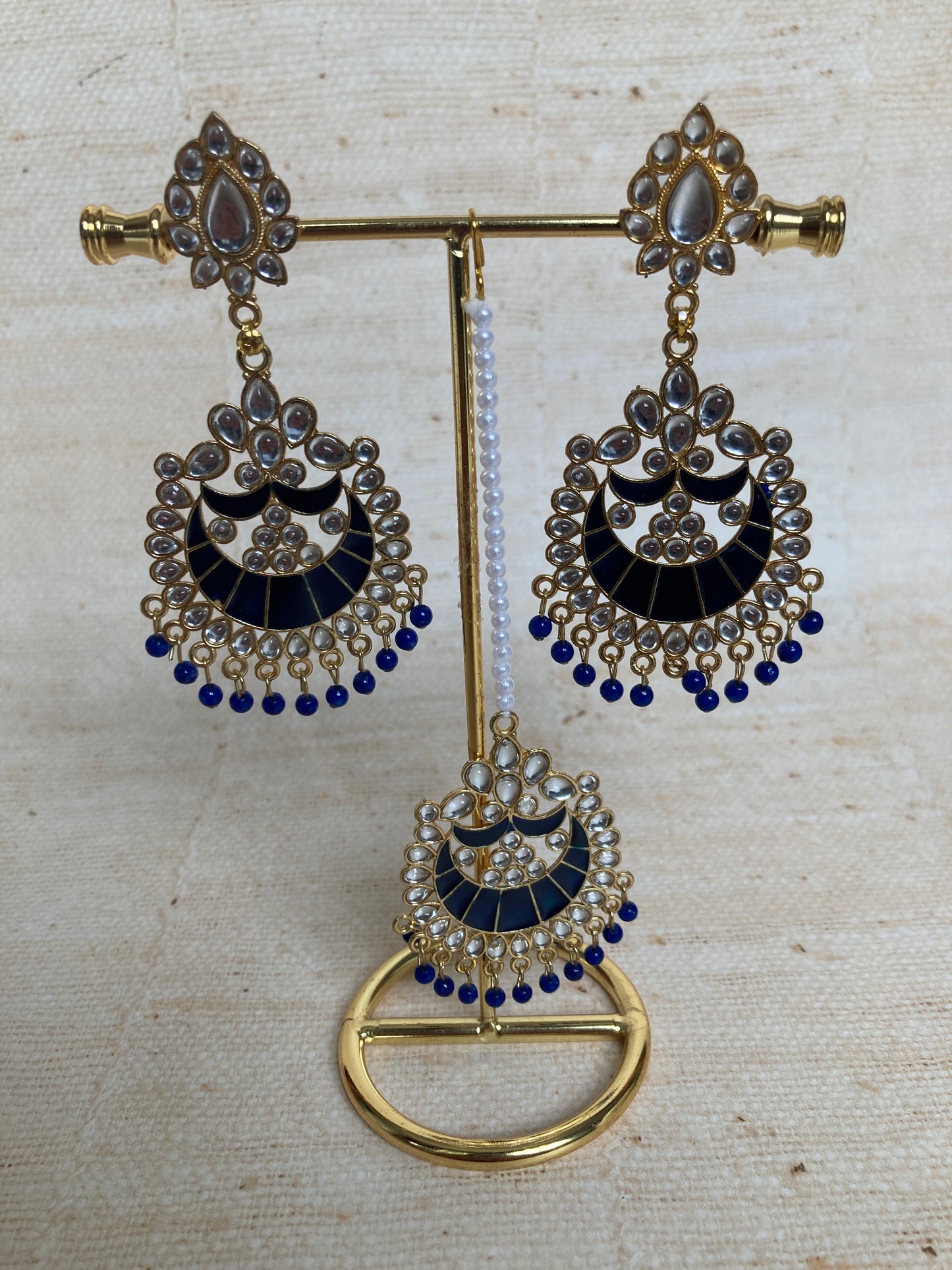 Blue Kundan Pearl Earrings Tikka Set (ST1157) (Silver)