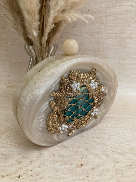 Maha (Luxury Hand Poured Resin Oval Clutch) (ST265) (Emerald Green)