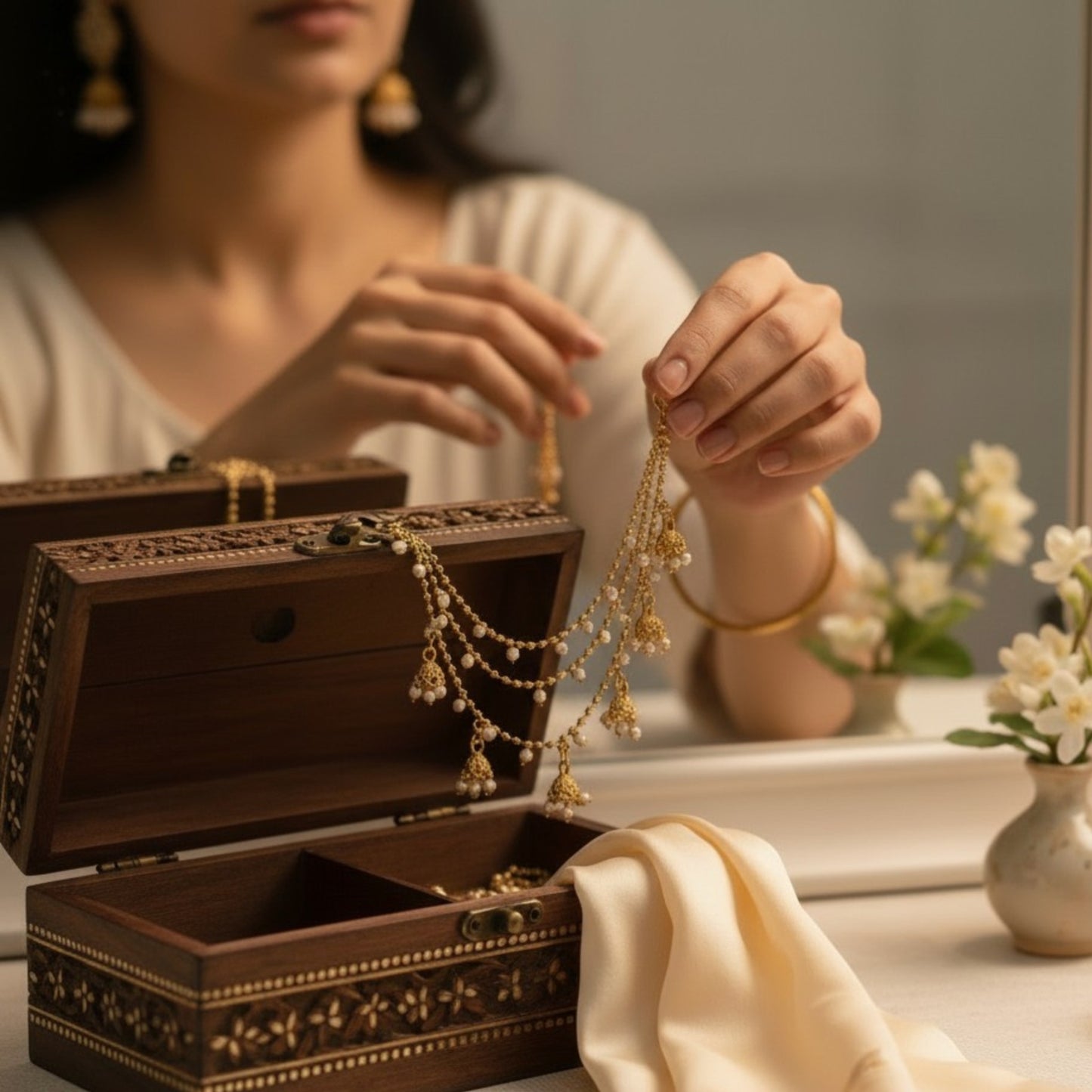 Woman holding a gold necklace next to an open wooden jewelry box on a table with flowers in the background.