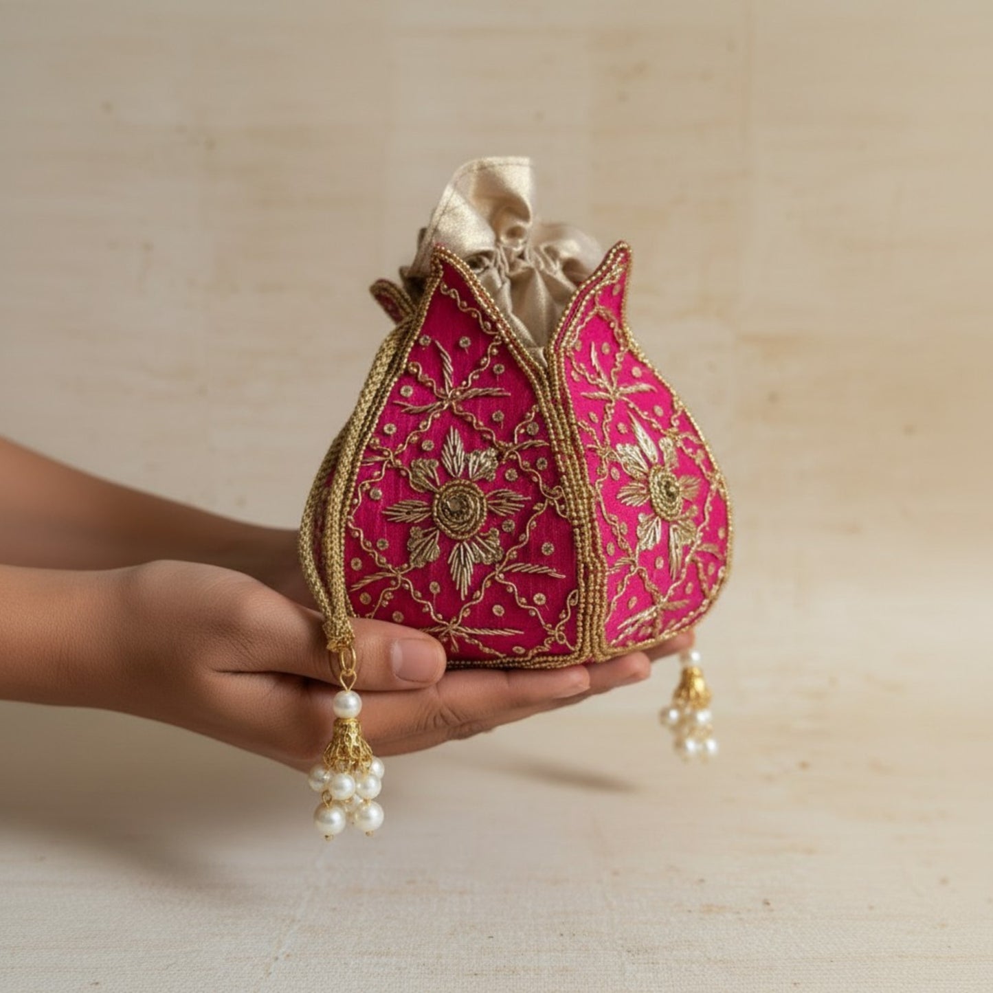 Decorative pink handbag with gold embroidery held by a hand on a beige background