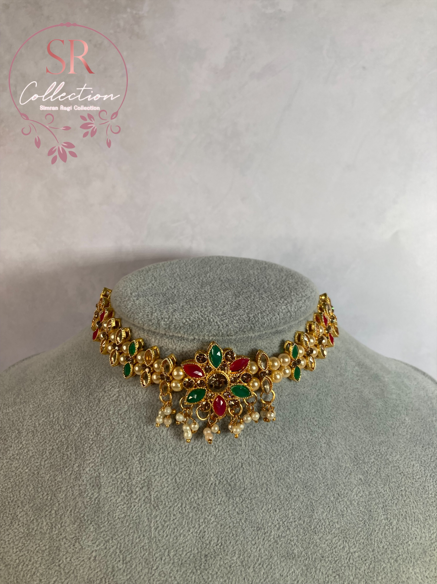 Arohi Gold Plated And Kundan Choker Set (ST170) Antique, Emerald And Pink