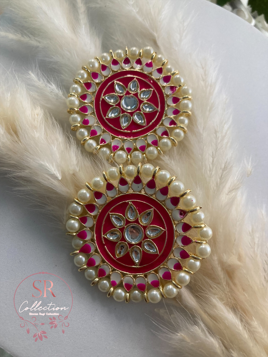 Mahi Oversized Kundan and Pearl Stud Earrings (ST155) Hot Pink