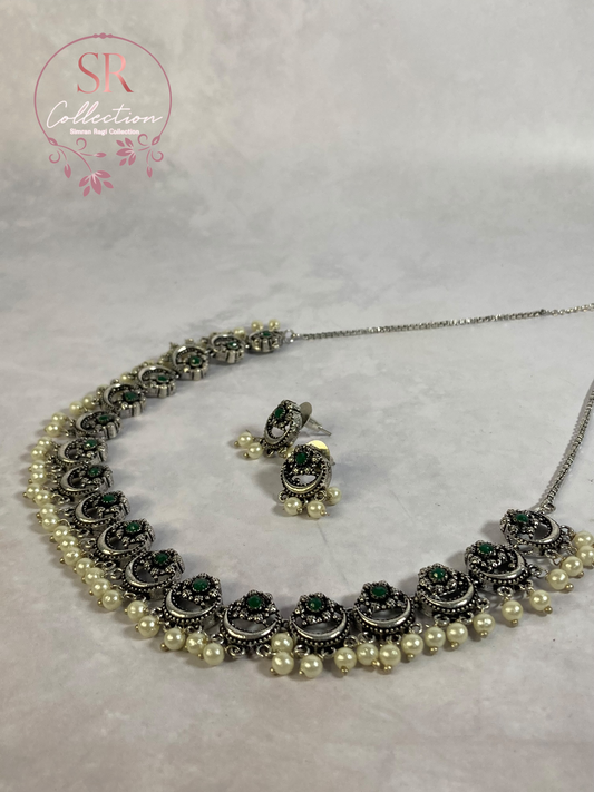 Sabar Oxidised Pearl And Pota Stone Set (ST233) Emerald