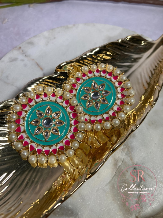 Mahi Oversized Kundan and Pearl Stud Earrings (ST155) Azure Blue