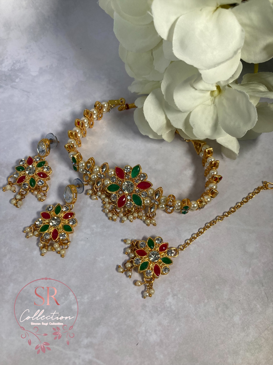 Arohi Gold Plated And Kundan Choker Set (ST170) Silver, Emerald And Pink