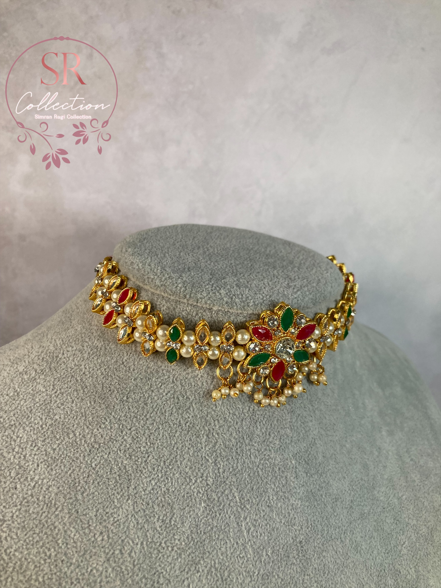 Arohi Gold Plated And Kundan Choker Set (ST170) Silver, Emerald And Pink