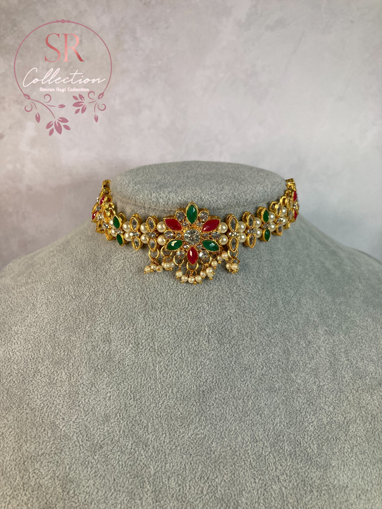 Arohi Gold Plated And Kundan Choker Set (ST170) Silver, Emerald And Pink