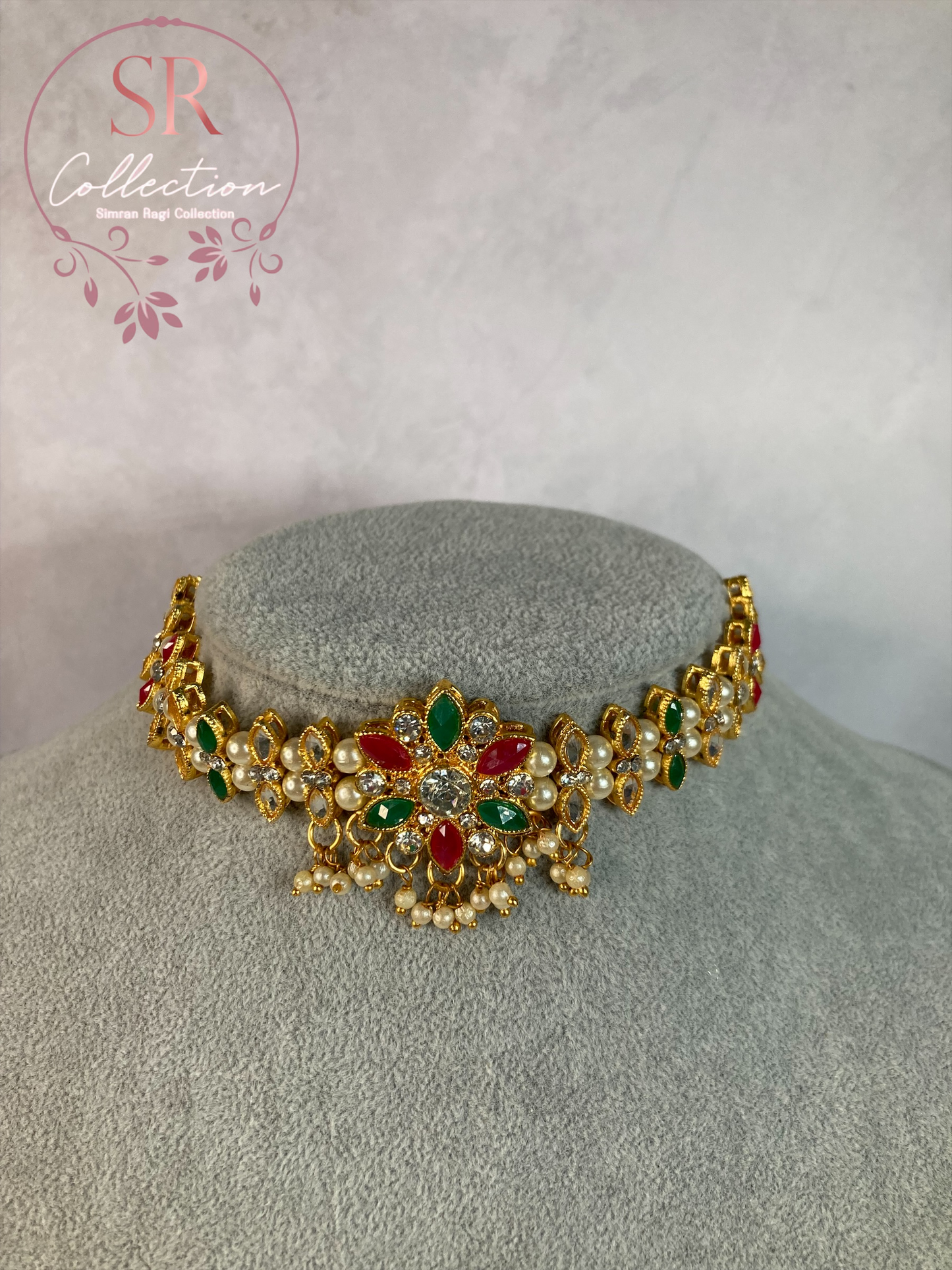 Arohi Gold Plated And Kundan Choker Set (ST170) Silver, Emerald And Pink