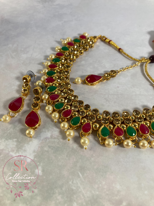 Pooja Gold Plated Kundan Choker Set (ST172) Antique Emerald And Pink