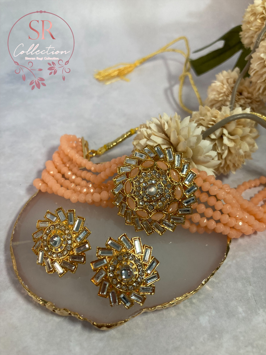 Ameena Kundan Beaded Choker Set (ST162) Peach