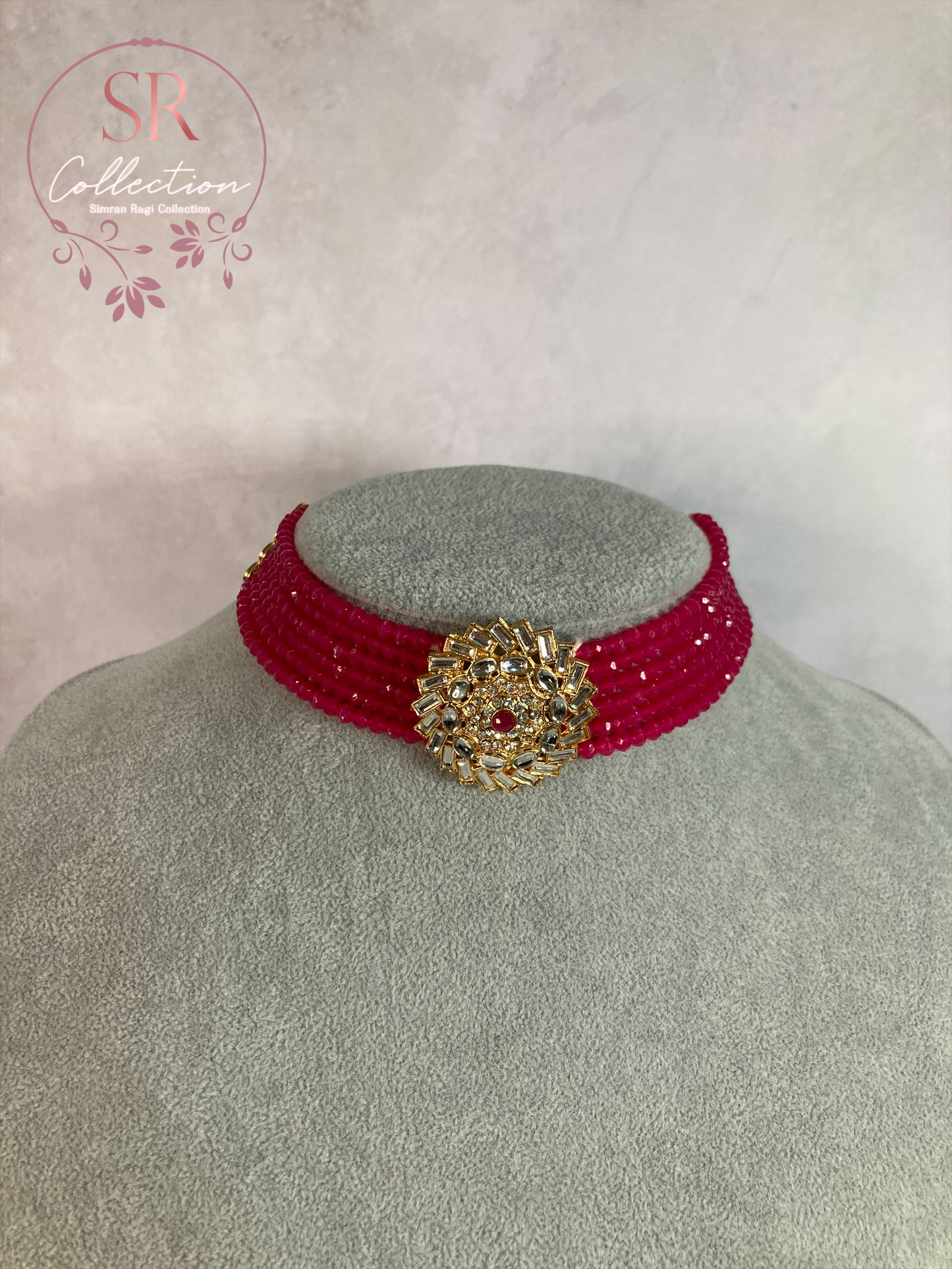 Ameena Kundan Beaded Choker Set (ST162) Hot Pink
