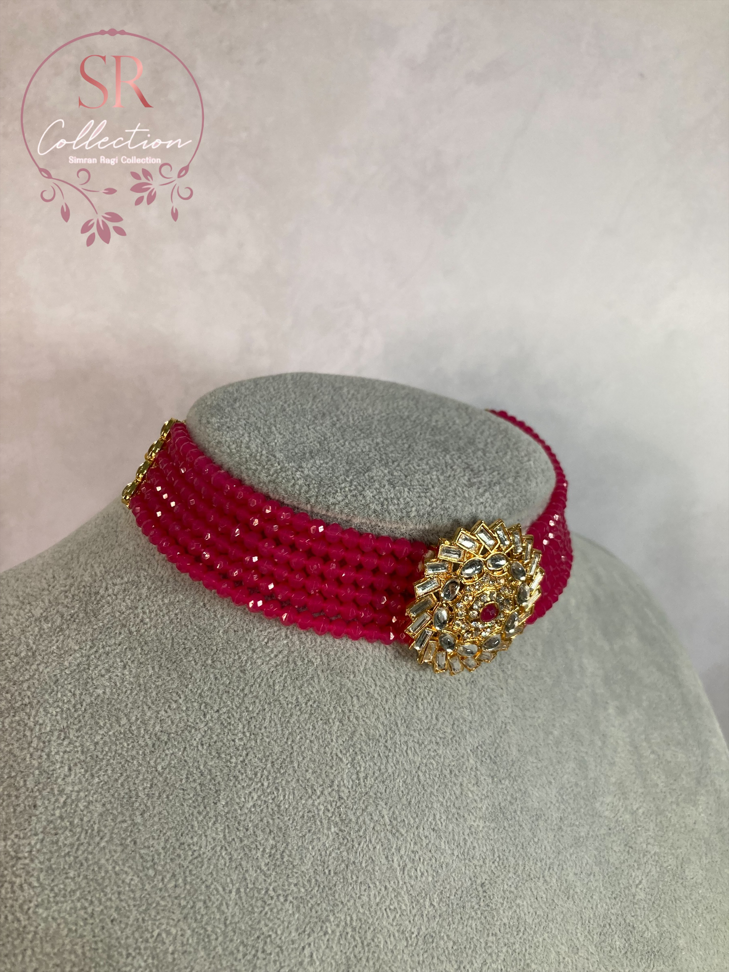 Ameena Kundan Beaded Choker Set (ST162) Hot Pink