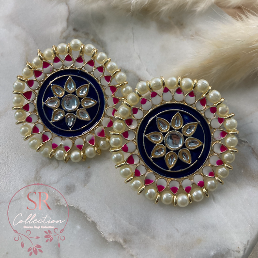 Mahi Oversized Kundan and Pearl Stud Earrings (ST155) Midnight Blue