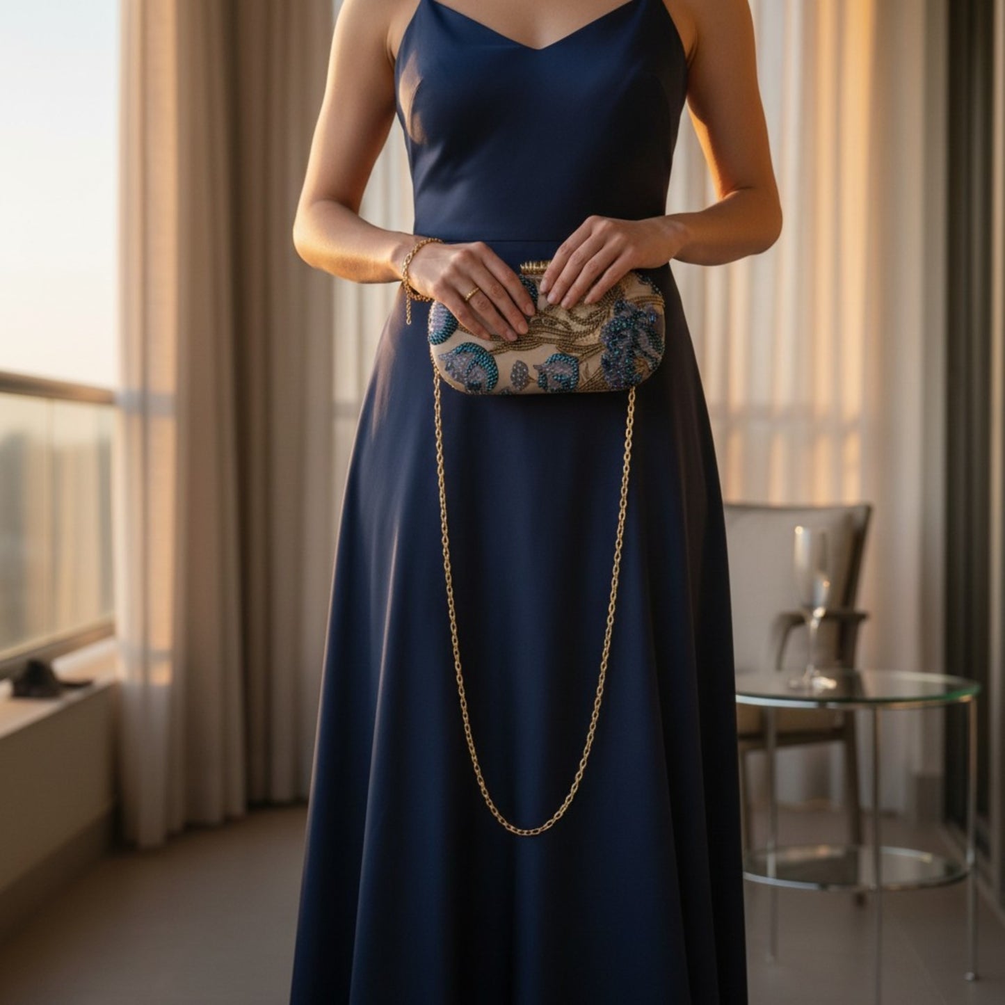 Woman in a navy blue dress holding a small clutch in a room with curtains and a chair.